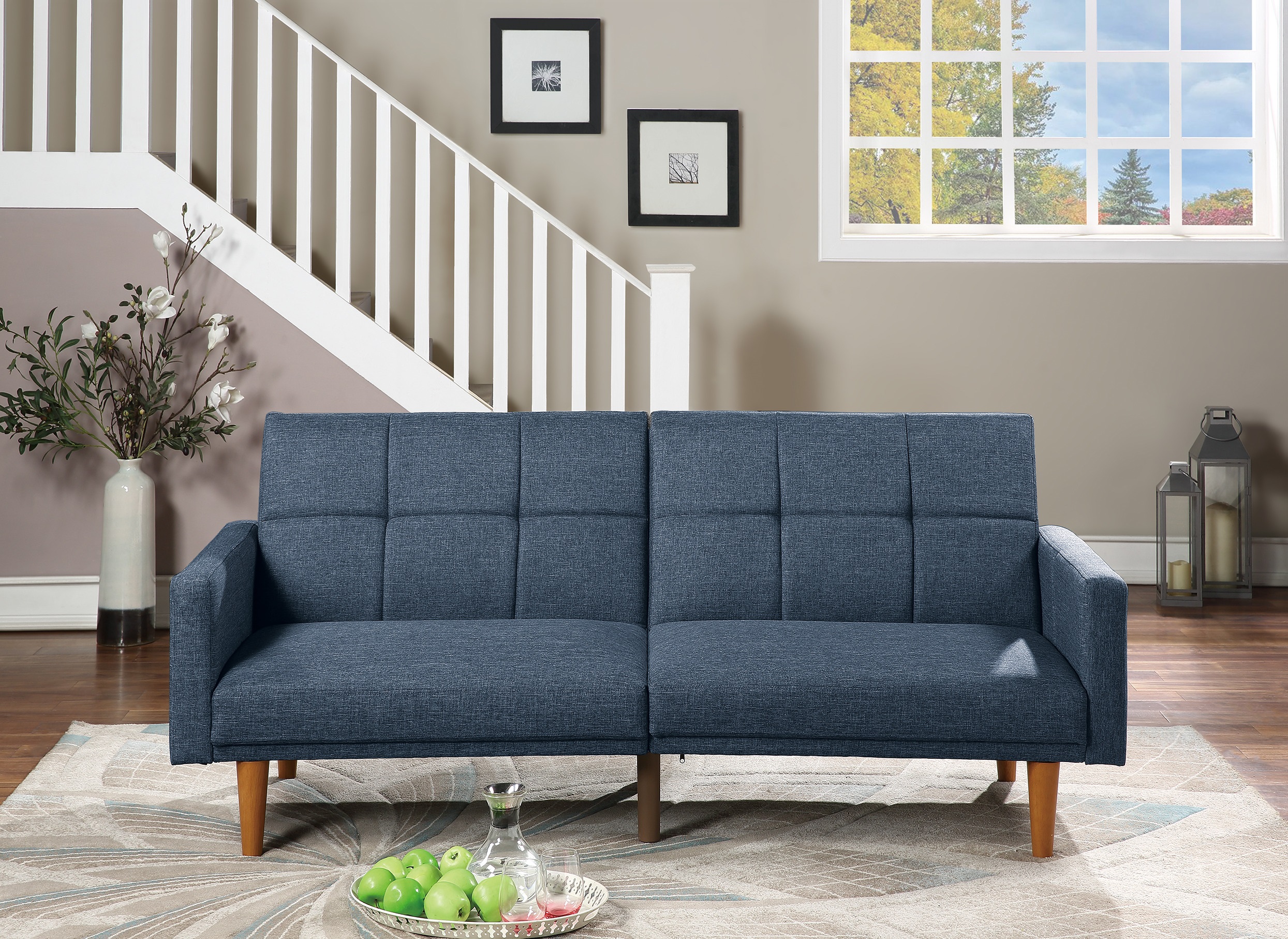 Transitional Look Living Room Sofa Couch Convertible Bed Navy Polyfiber 1pc Tufted Sofa Cushion Wooden Legs-Boyel Living
