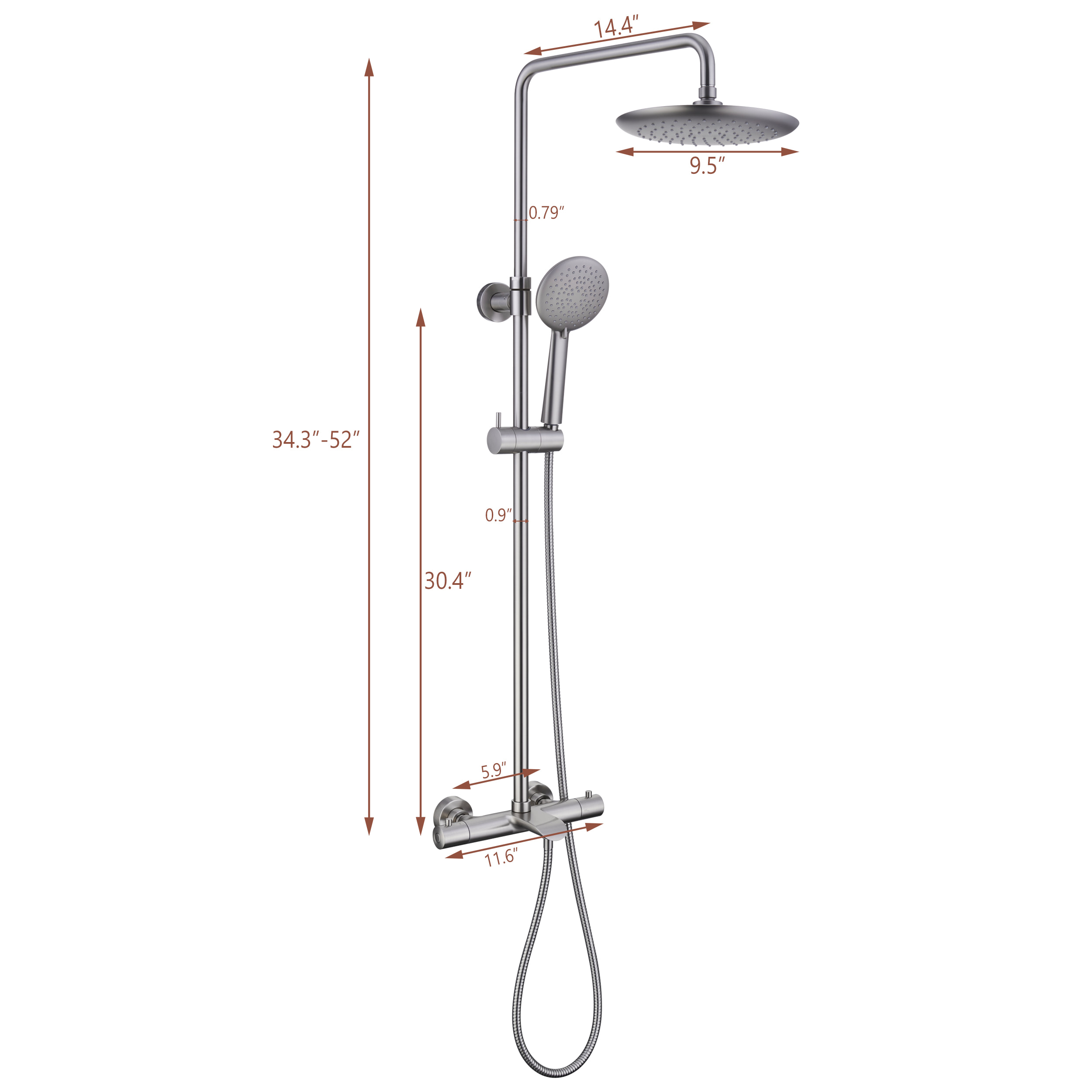3 Function Wall Mount Round Thermostatic Rain Shower System with Tub Spout in Brushed Nickel-Boyel Living