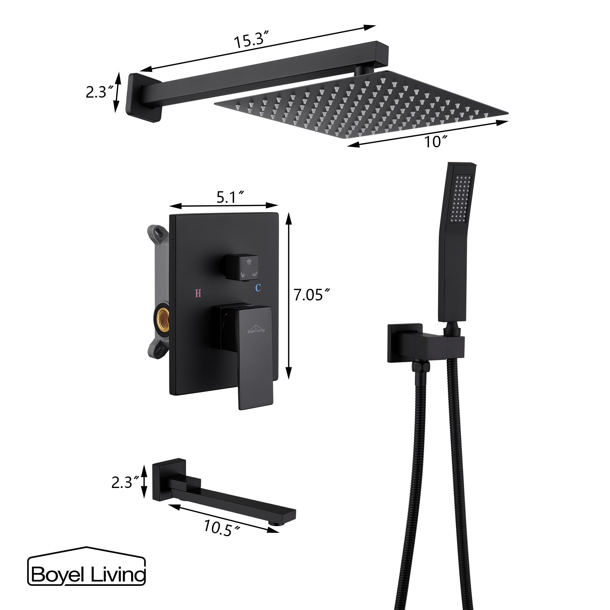 Boyel Living 10 in. Complete Shower Head System with Bath Tub Faucet and Rough-in Valve in Matte Black-Boyel Living