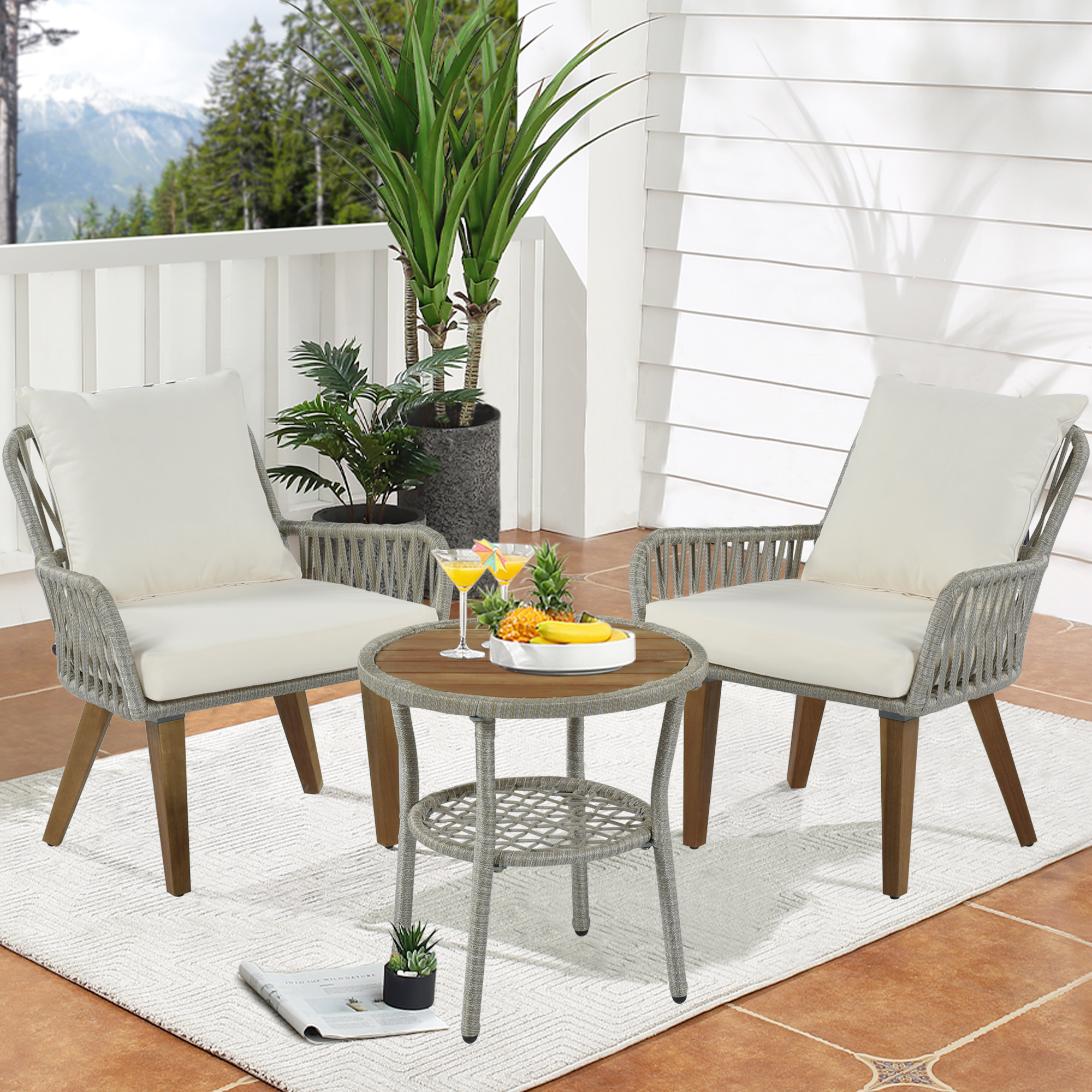 Patio 3-Piece Bistro Set Woven-Rope Conversation Set with Wood Tabletop and Cushions for Balcony, Gray Rope+Beige Fabric-Boyel Living