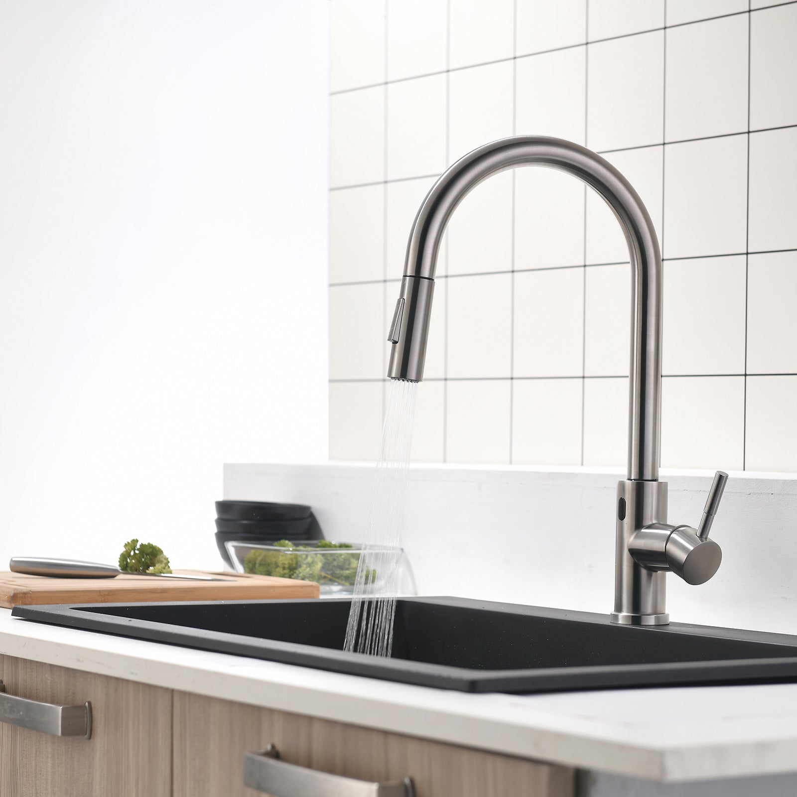 Single-Handle Touchless Pull-Out Sprayer Kitchen Faucet with Water Supply Lines in Brushed Nickel( Deckplate and Batteries Not Included )-Boyel Living