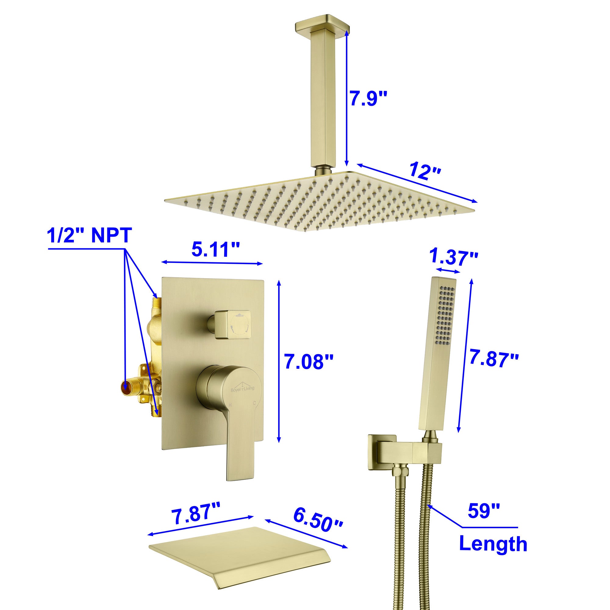 Boyel Living Ceiling Mount Dual Shower Heads System with Tub Spout Dimensions-Boyel Living