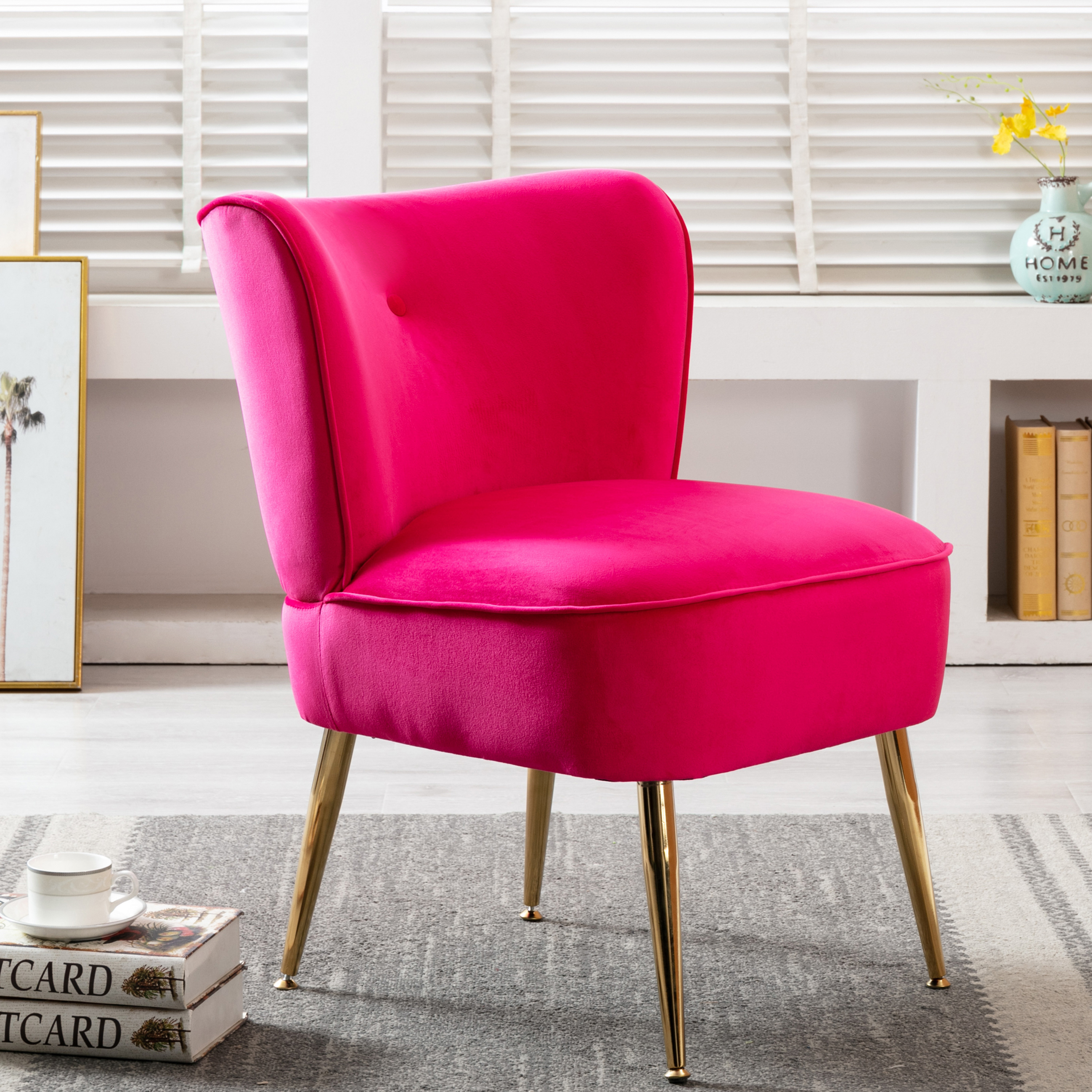 Accent Living Room Side Wingback Chair Fuchsia Velvet Fabric Upholstered Seat Chairs Occasional Bedroom  Leisure Chairs-Boyel Living