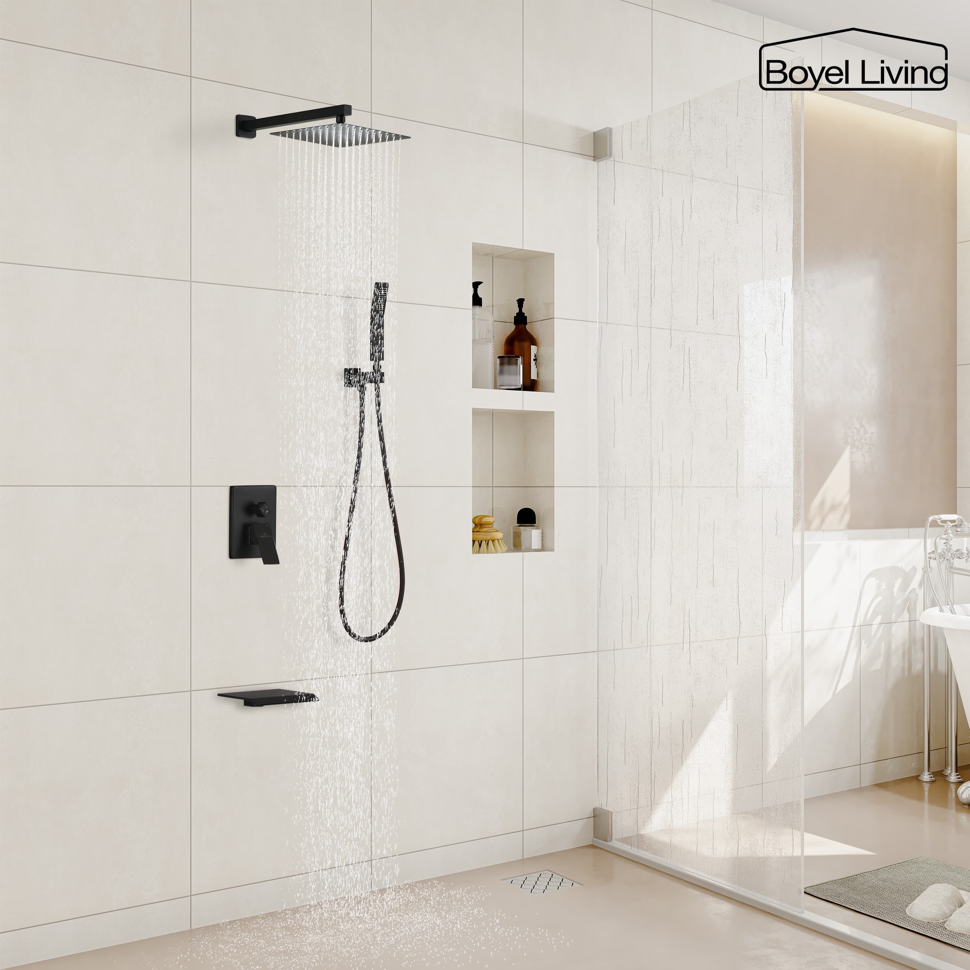 Boyel Living Matte Black Rain Shower System with Dual Shower Heads and Tub Spout-Boyel Living