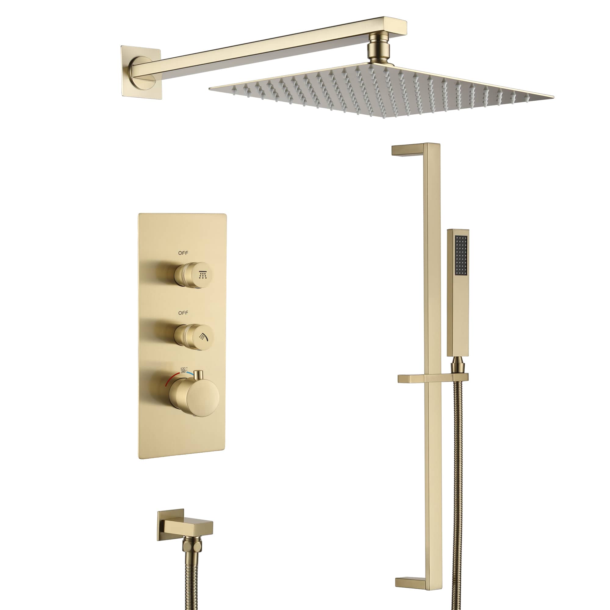 Wall-Mounted 2 GPM Bathroom Shower Faucets Set with Sliding Bar, 10-Inch Square Rainfall Shower Head and Handheld Shower in Brushed Gold