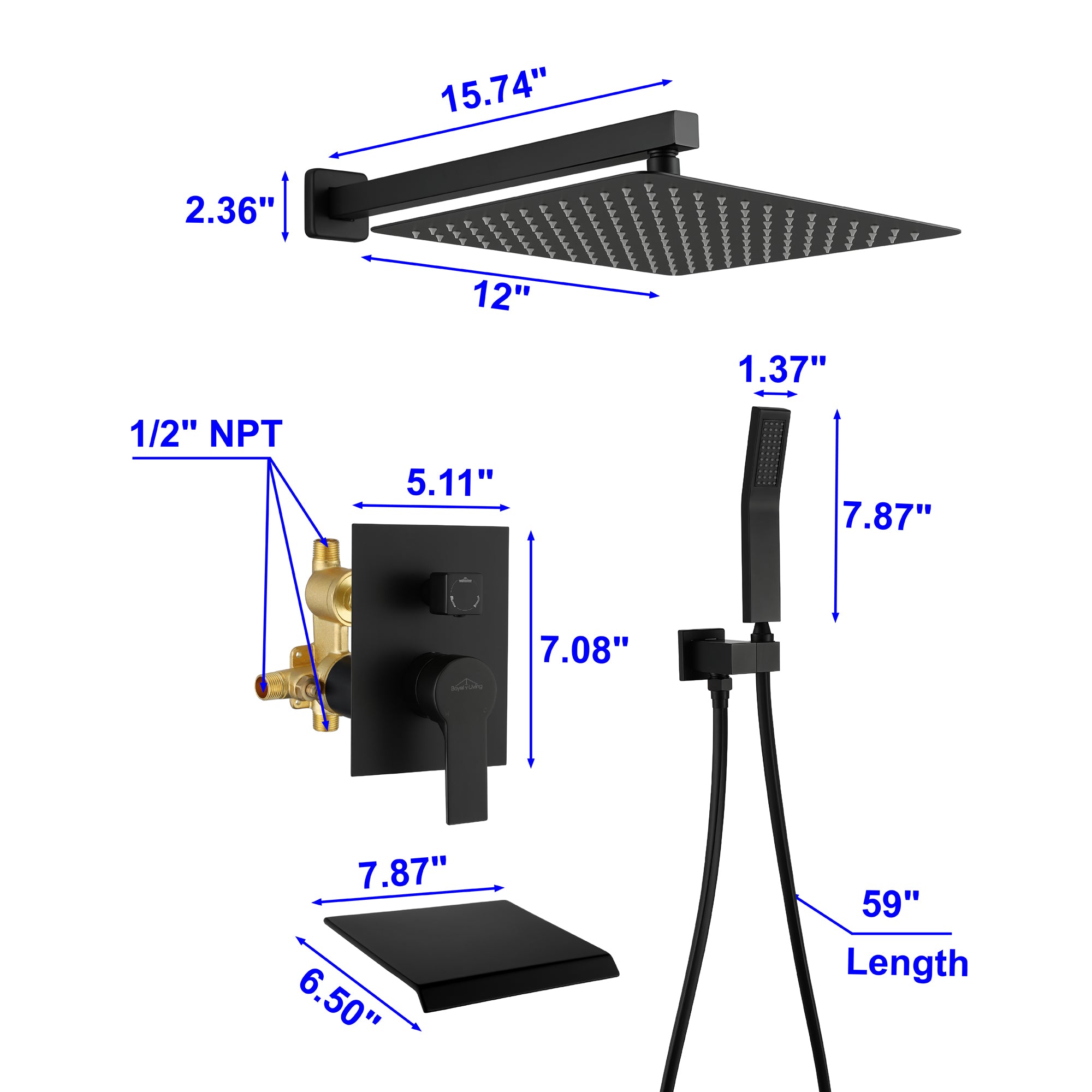Boyel Living 12 in. Matte Black Shower System with Handheld and Tub Spout Dimensions-Boyel Living