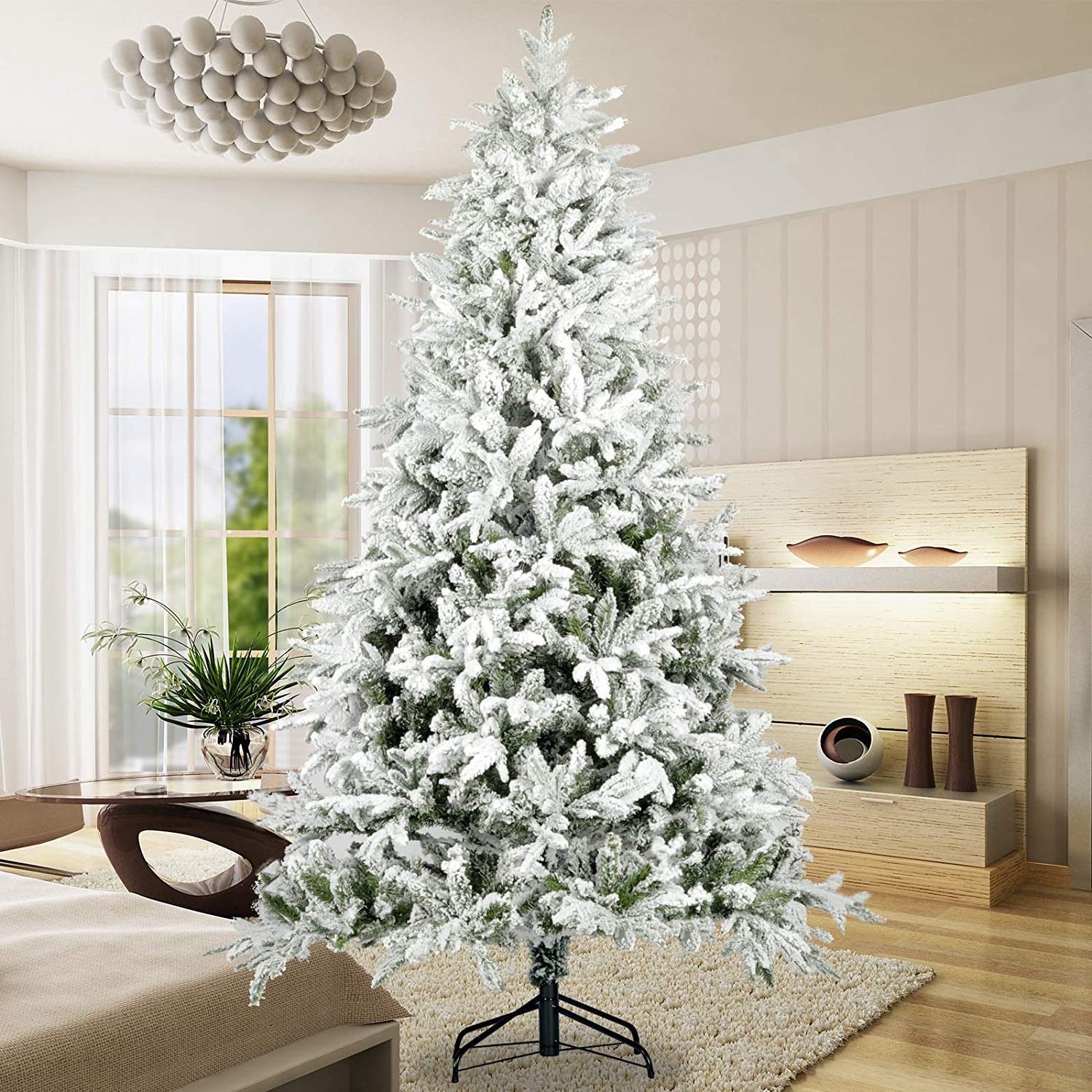 Snow Flocked Christmas Tree 7ft Artificial Hinged Pine Tree with White Realistic Tips Unlit-Boyel Living