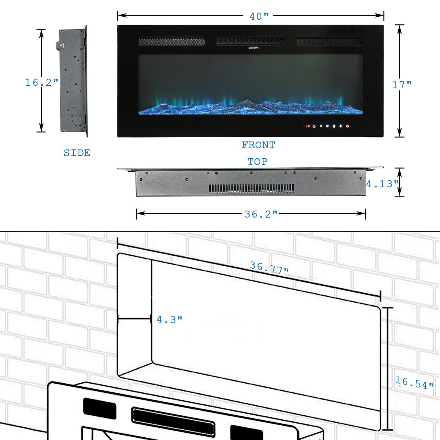 Boyel Living Electric Wall Mounted Recessed Fireplace with Remote 1500/750 Watt in Black, 30/36/40/50/60 in.-Boyel Living