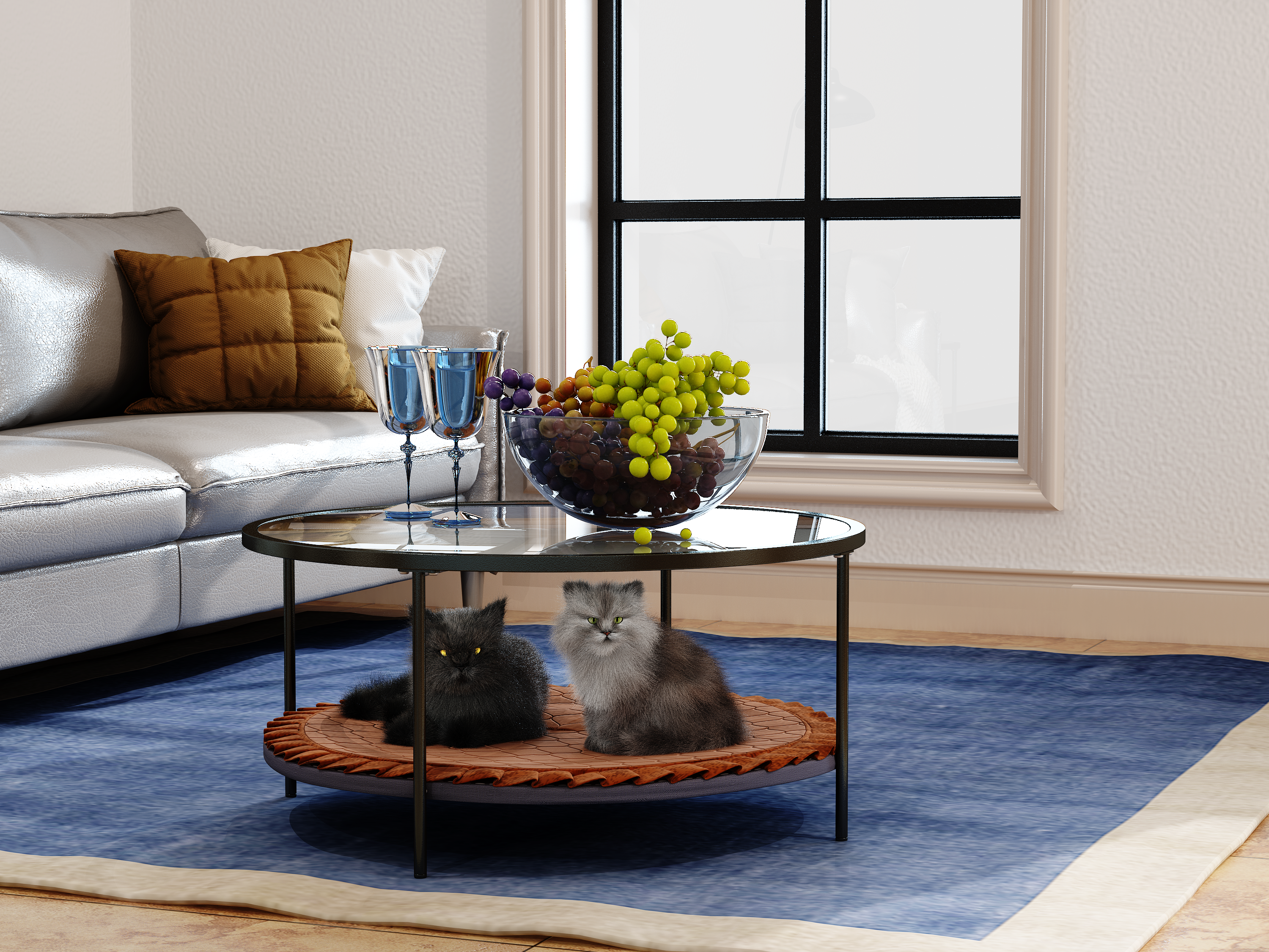 coffee table share with pets（Provide pet mat）, Net cloth tempered glass tabletop&nbsp;coffee table,multi-function&nbsp;easy assembly minimalist creative metal tea table,cat and dog kennel/appliance-Boyel Living