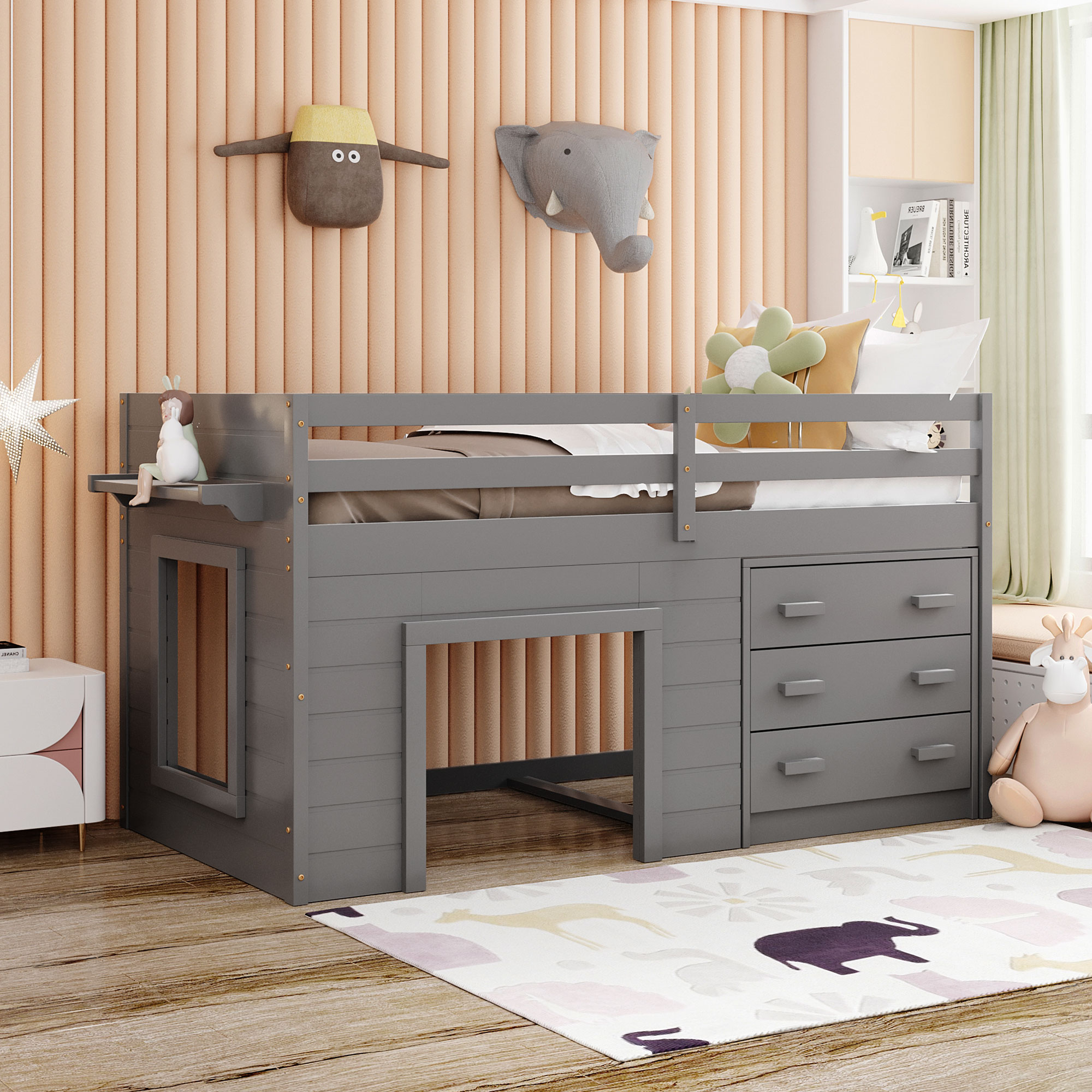 Twin Size Loft Bed with Cabinet and Shelf - Gray-Boyel Living