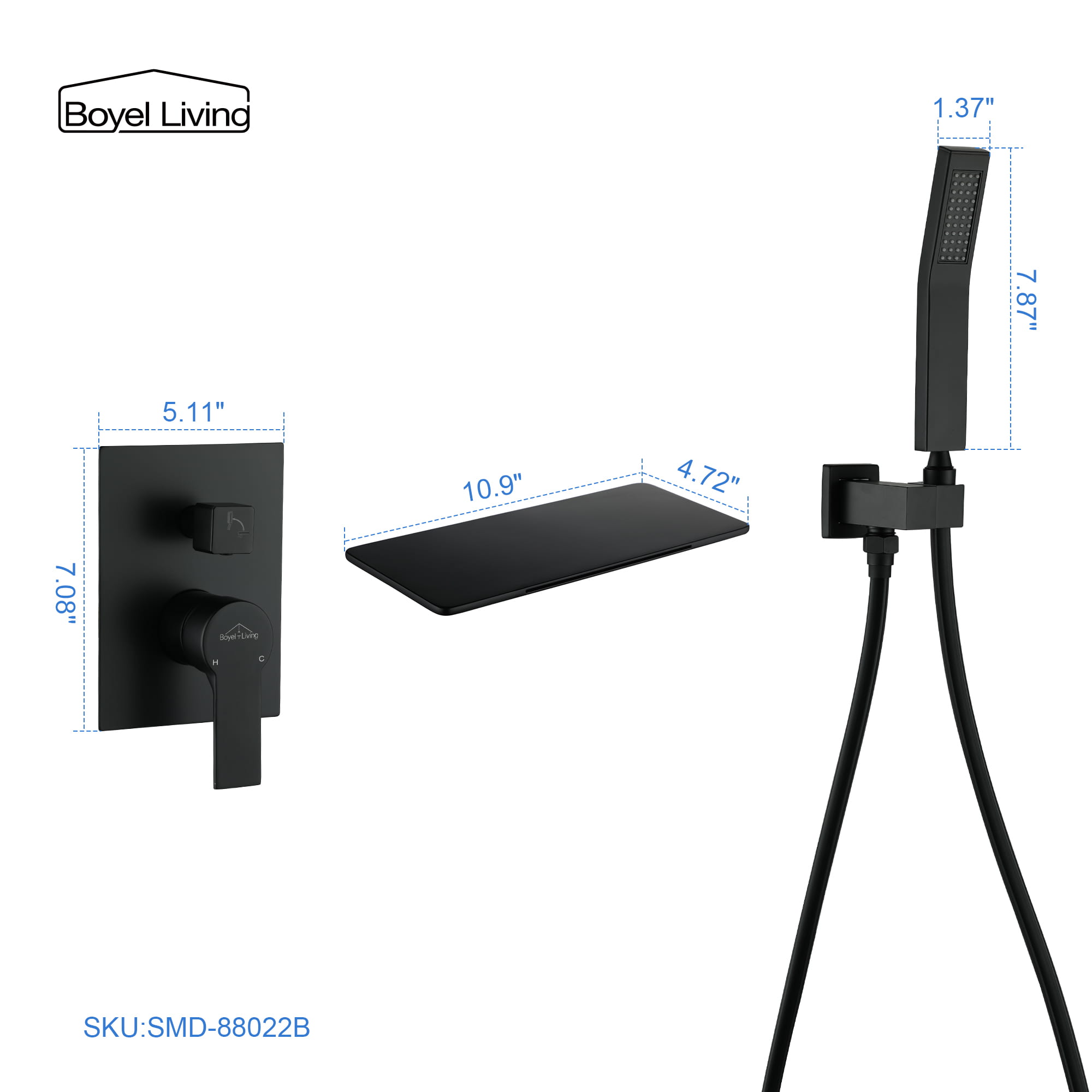 Single-Handle Wall Mounted Roman Large Waterfall Tub Faucet with Hand Shower-Boyel Living