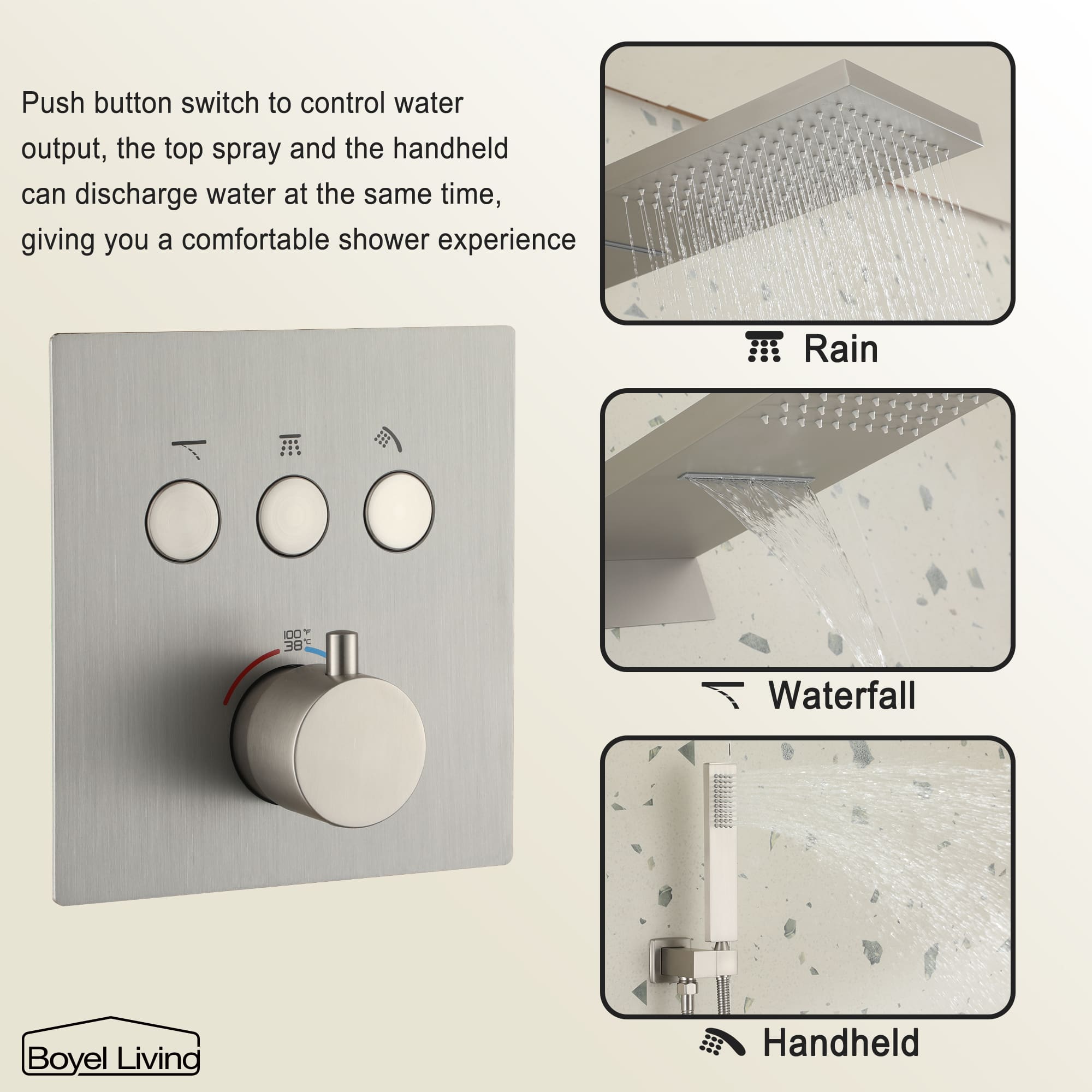 Boyel Living Rainfall & Waterfall 2 GPM 10 in. Wall Mount Dual Shower Heads System with Handheld Shower and Pressure Balance Valve-Boyel Living