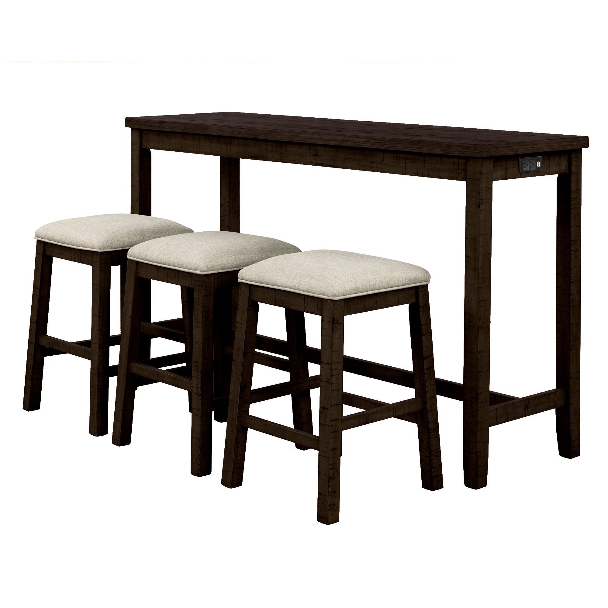 4 Pieces Counter Height Table with Fabric Padded Stools, Rustic Bar Dining Set with Socket, Brown-Boyel Living