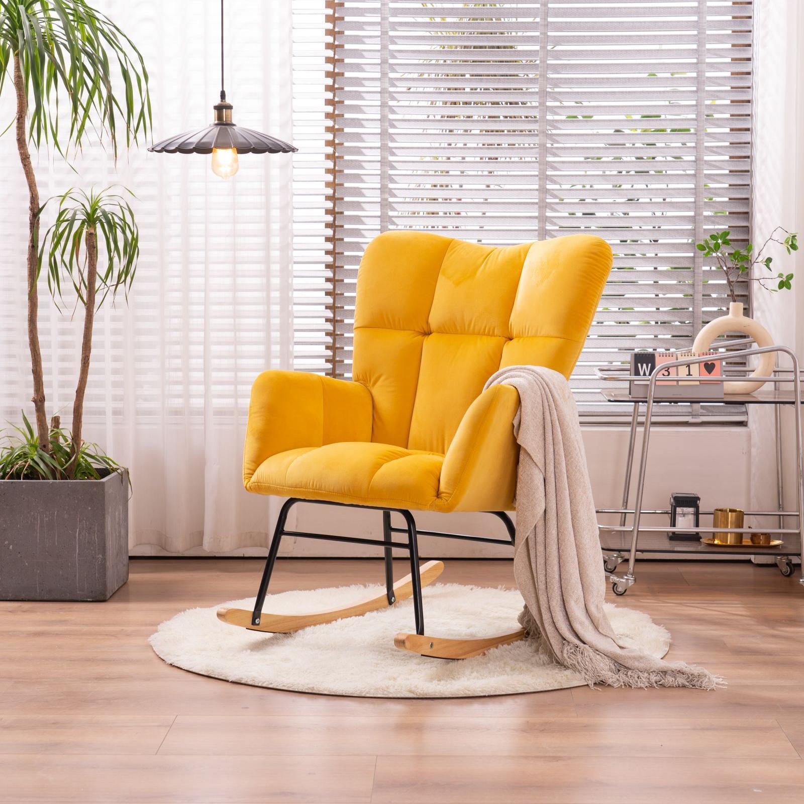 Mid Century Modern Velvet Tufted Upholstered Rocking Chair Padded Seat for Living Room Bedroom, Yellow-Boyel Living