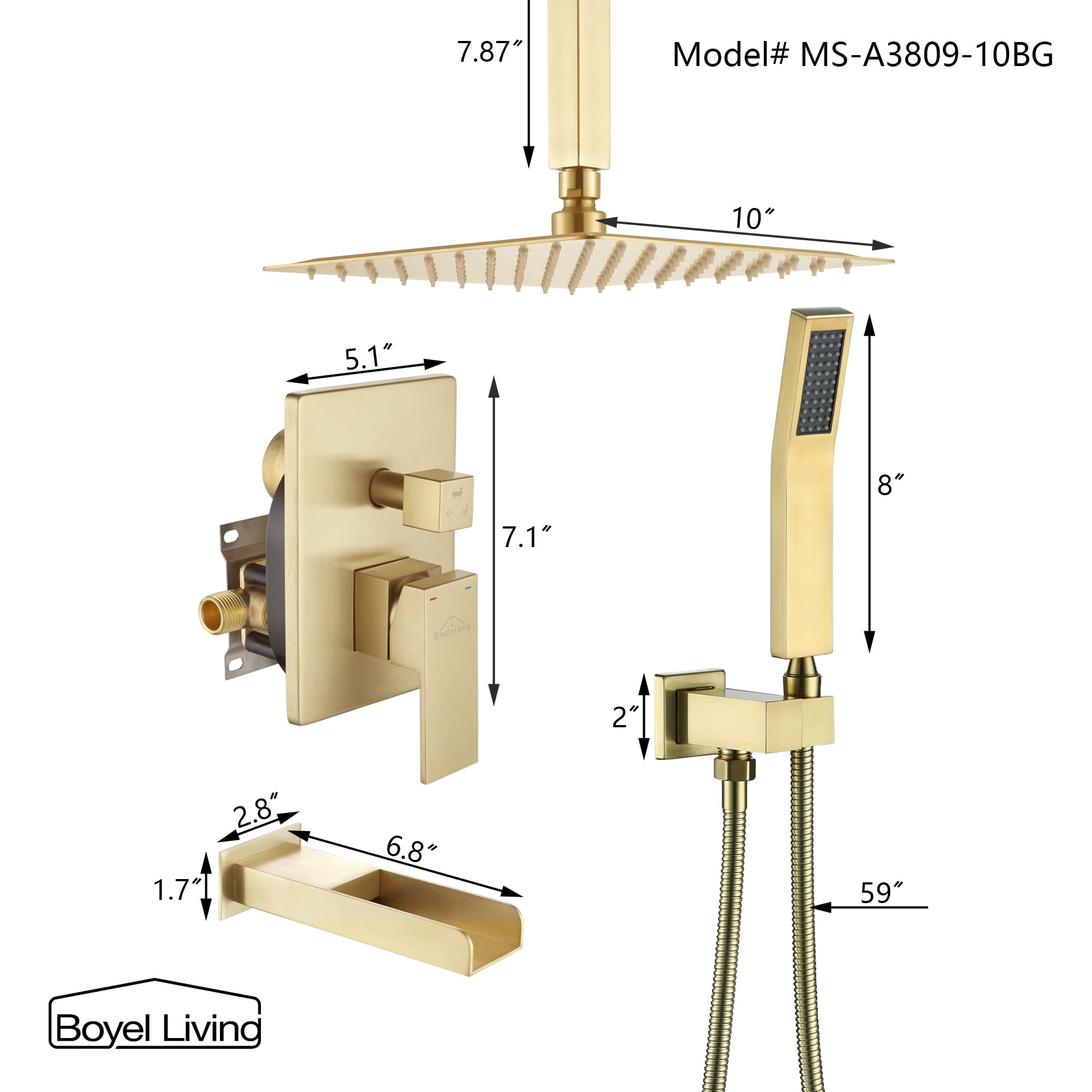 Boyel Living Ceiling Mounted Rain Shower Head Set Shower System with Hand Shower and Tub Spout-Boyel Living