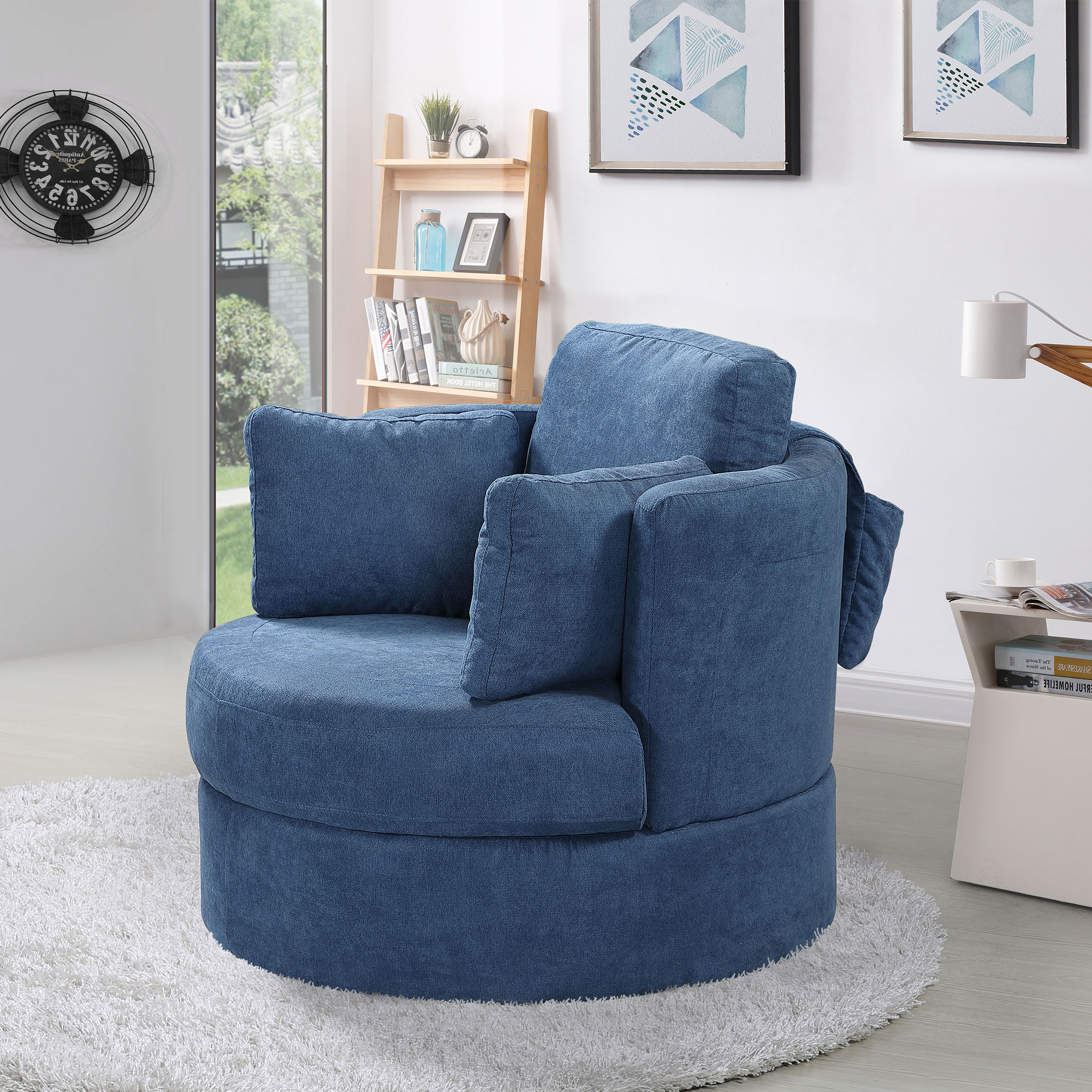 Welike Blue Swivel Accent Barrel Modern Sofa Lounge Club Round Chair Linen Fabric for Living Room Hotel with 3 Pillows and storage(the other SKU: BLUE7122)-Boyel Living