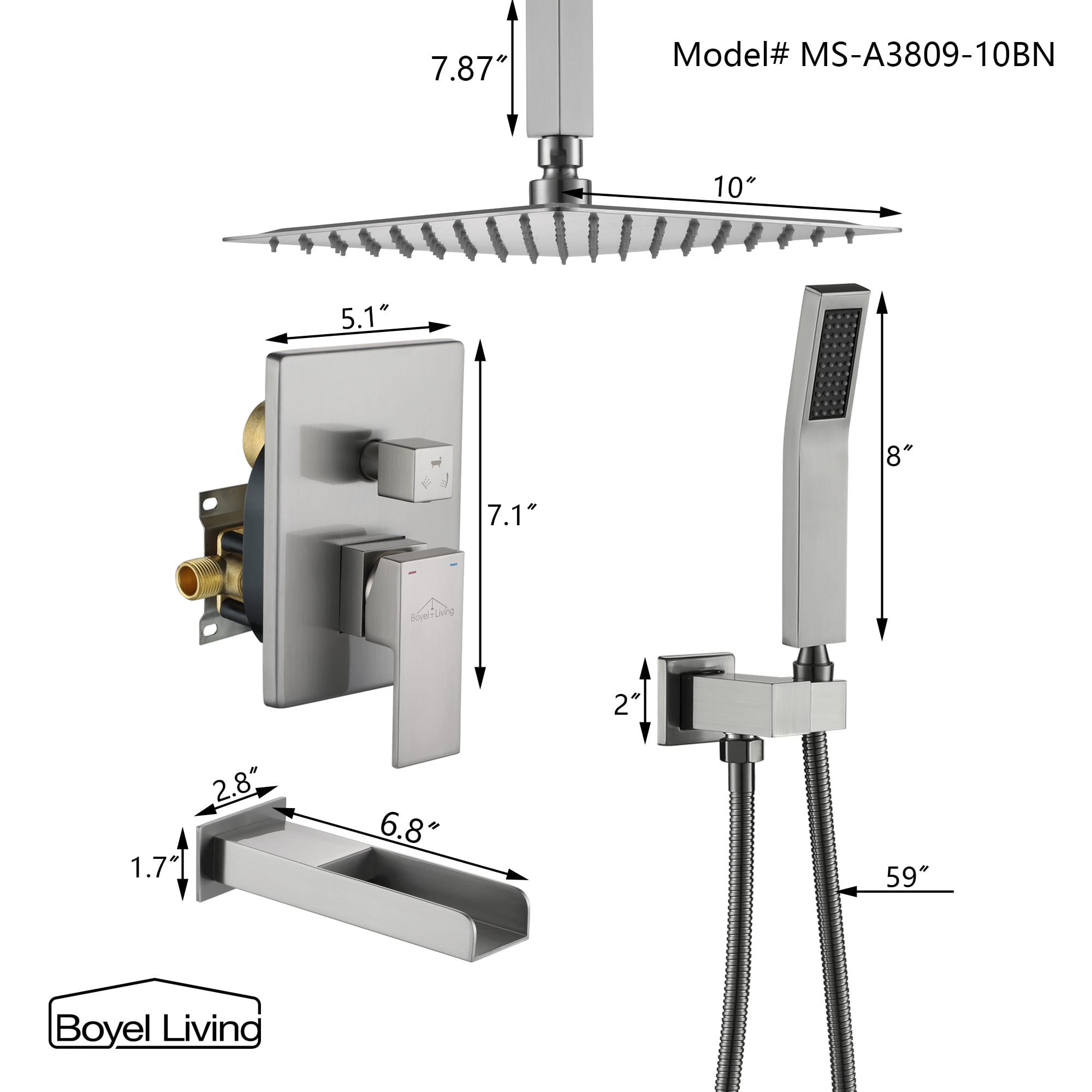 Boyel Living Ceiling Mounted Rain Shower Head Set Shower System with Hand Shower and Tub Spout-Boyel Living