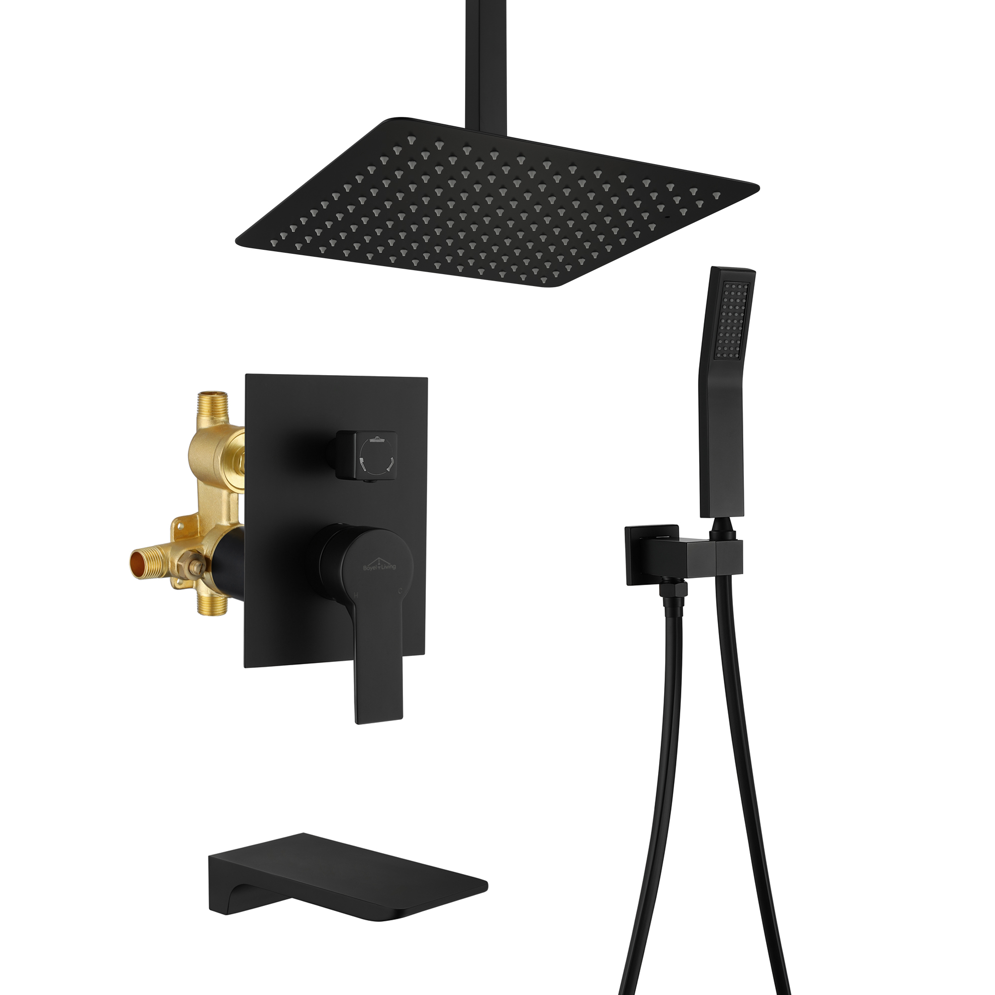 Ceiling Mount Single-Handle 1-Spray Tub and Shower Faucet with 12 in. Fixed Shower Head in Matte Black (Valve Included)
