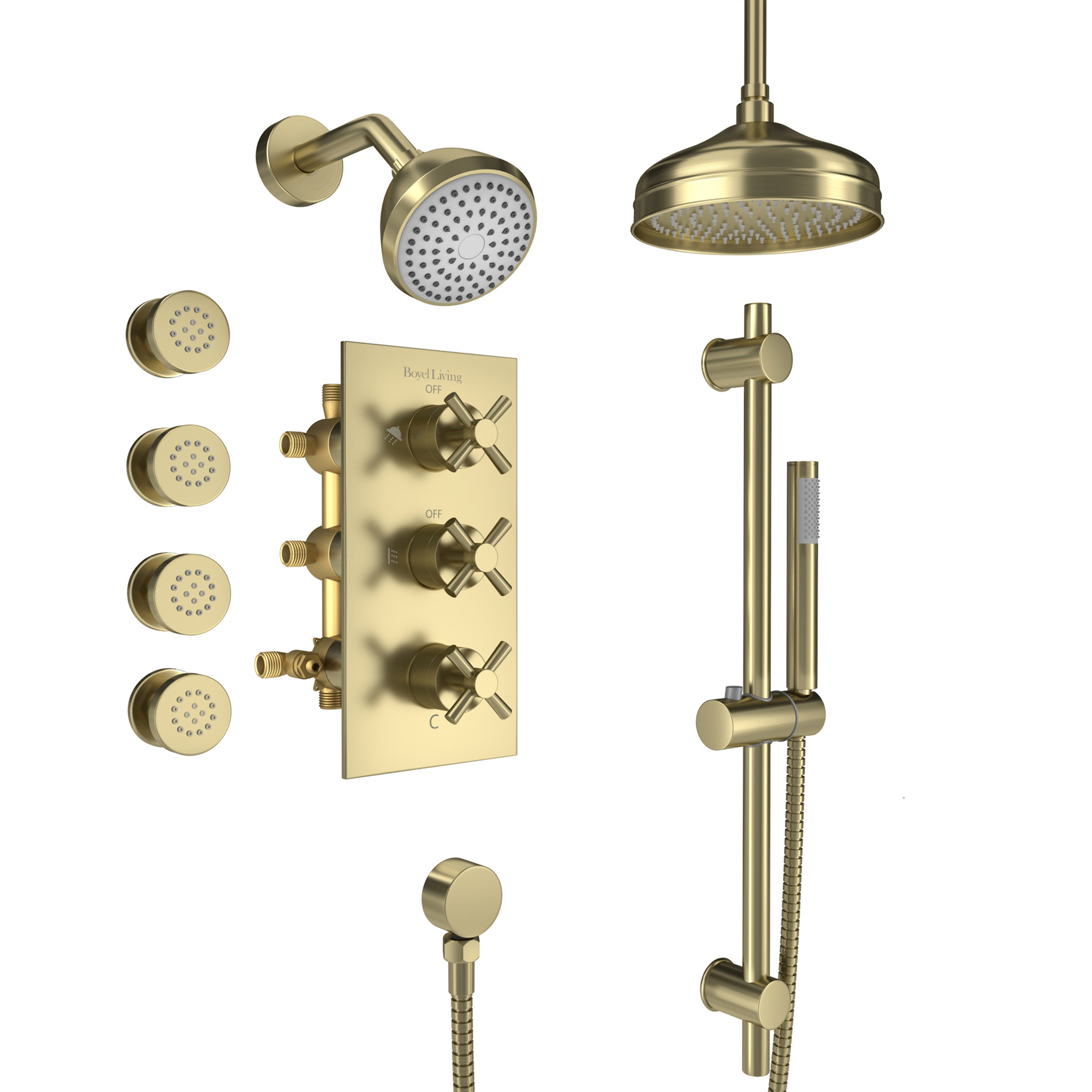 Boyel Living 8-Inch Wall Mount and Ceiling Mount Shower System with 4 Body Sprays in Brushed Gold