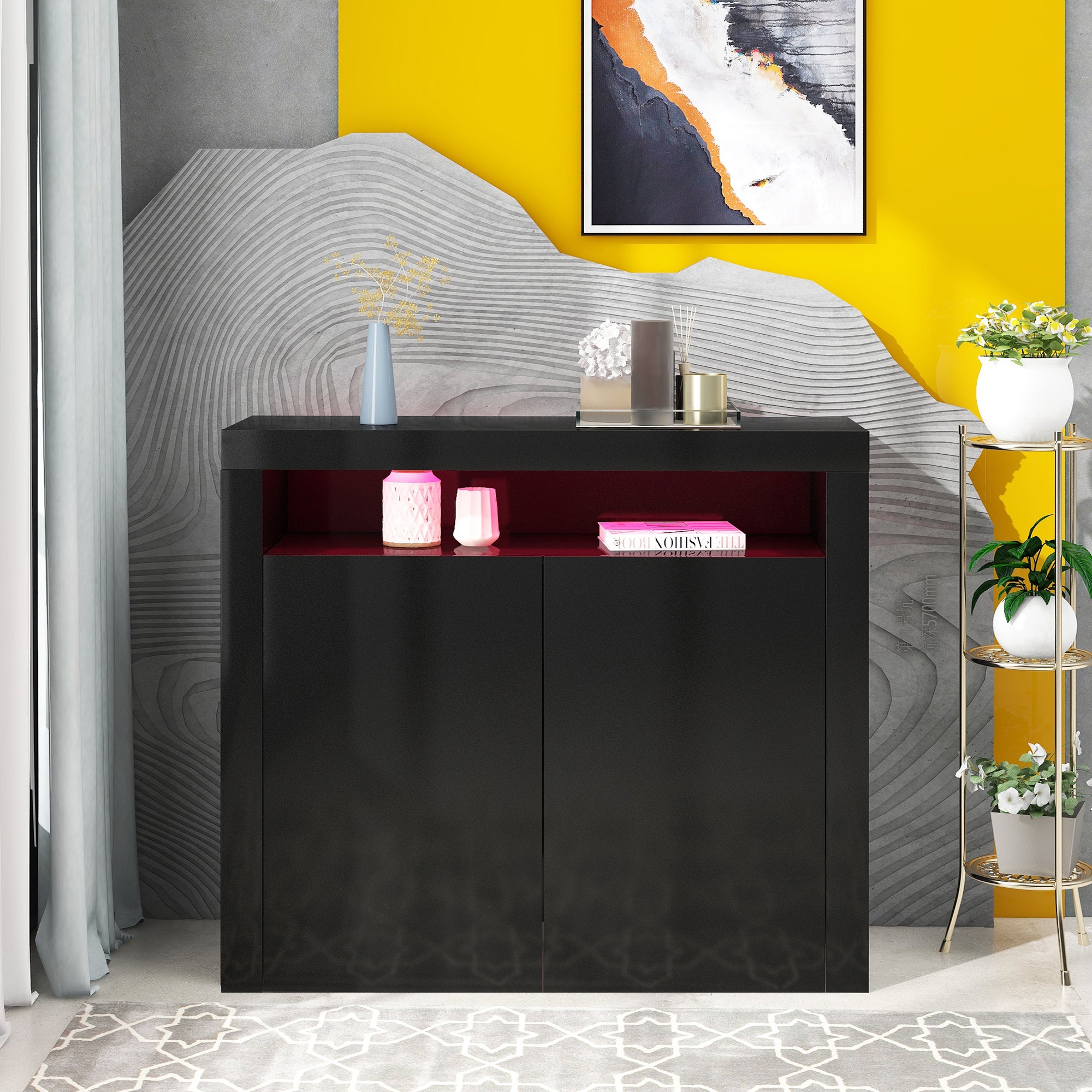 High Gloss Sideboard Modern 2-Door Storage Cabinet with LED Lights, 16 Colors-Boyel Living