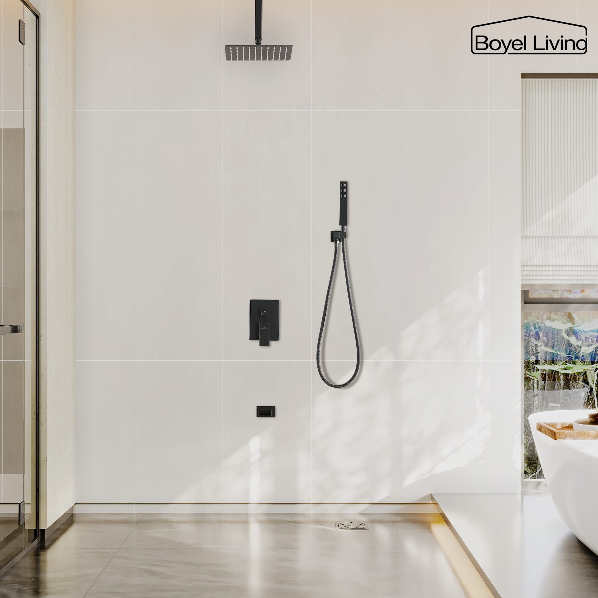 Boyel Living Ceiling Mounted Rain Shower Head Set Shower System with Hand Shower and Tub Spout-Boyel Living