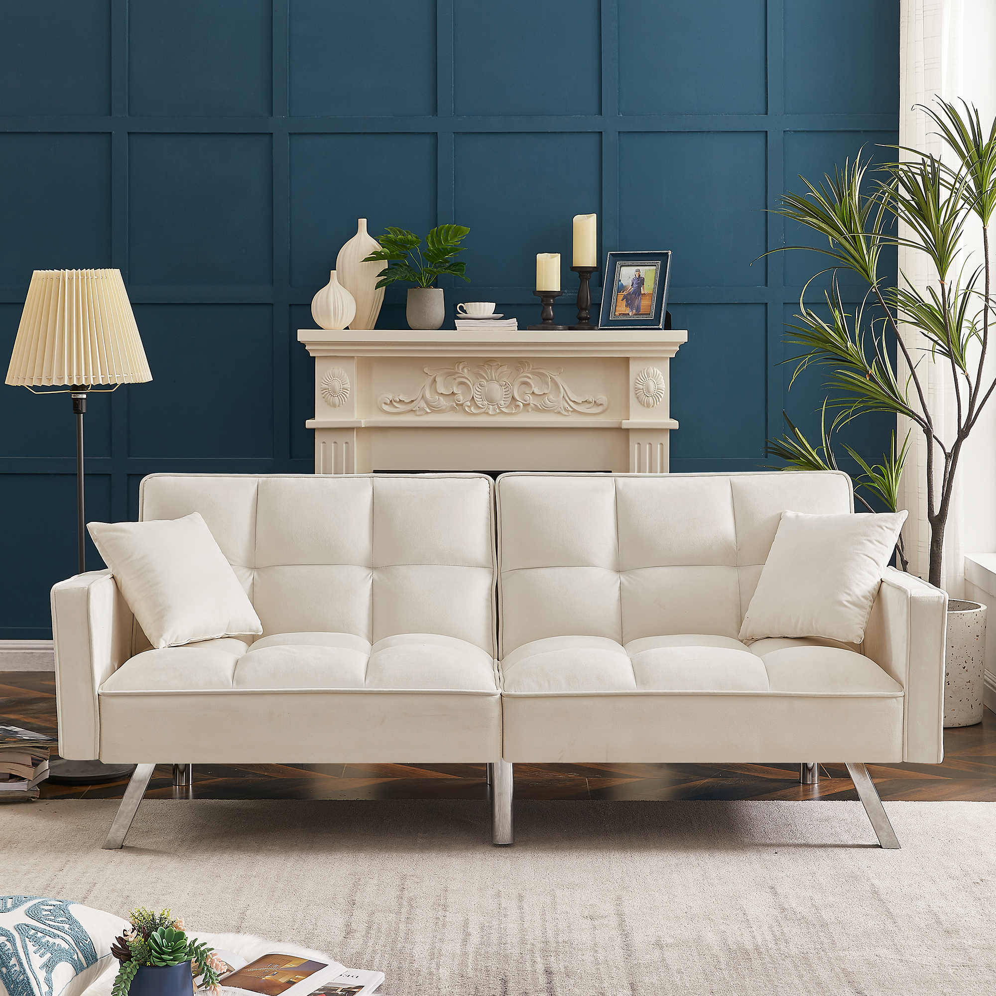 Modern Velvet Sofa Couch Bed with Armrests and 2 Pillows for Living Room and Bedroom .(White)-Boyel Living