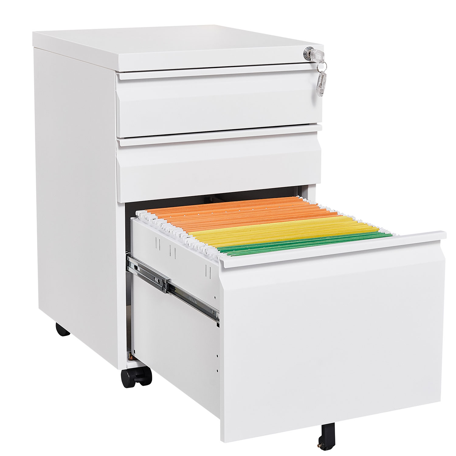 3 Drawer Mobile Locking File Cabinet, Rolling Filing Cabinet for Letter/A4 Size With 5 Wheels ,WHITE