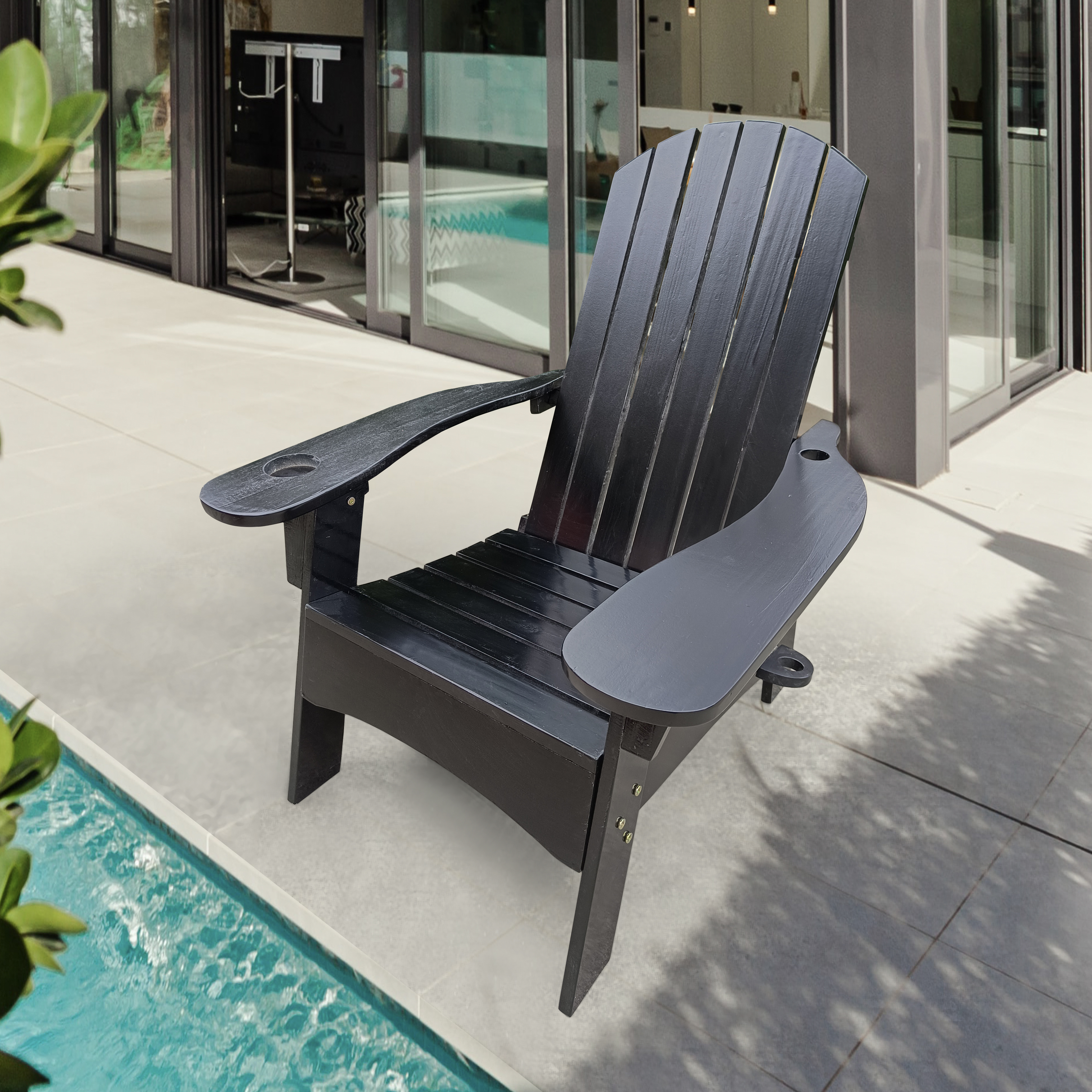 Outdoor or indoor Wood Adirondack chair with an hole to hold umbrella on the arm ,Black-Boyel Living