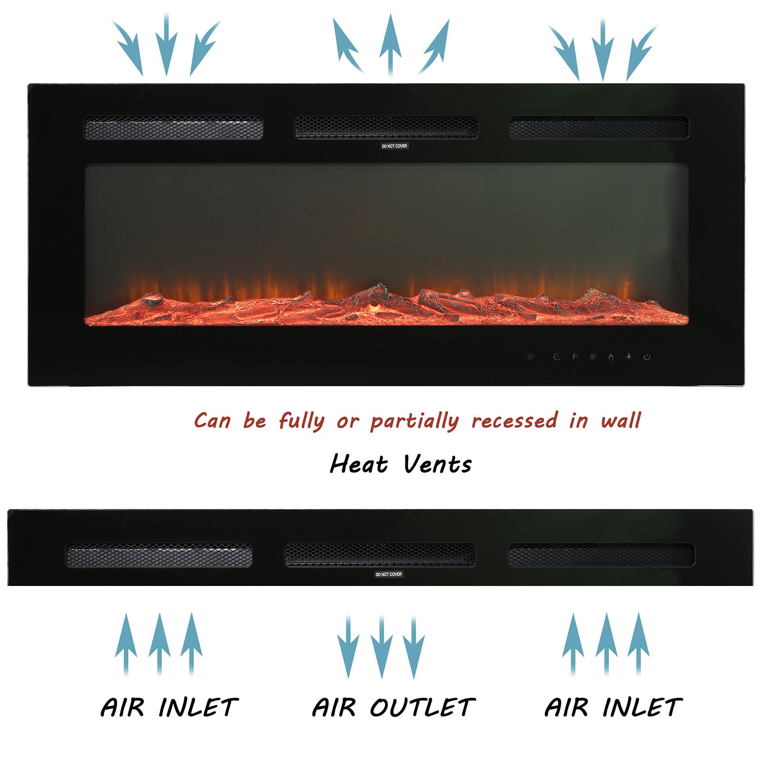 Boyel Living Electric Wall Mounted Recessed Fireplace with Remote 1500/750 Watt in Black, 30/36/40/50/60 in.-Boyel Living