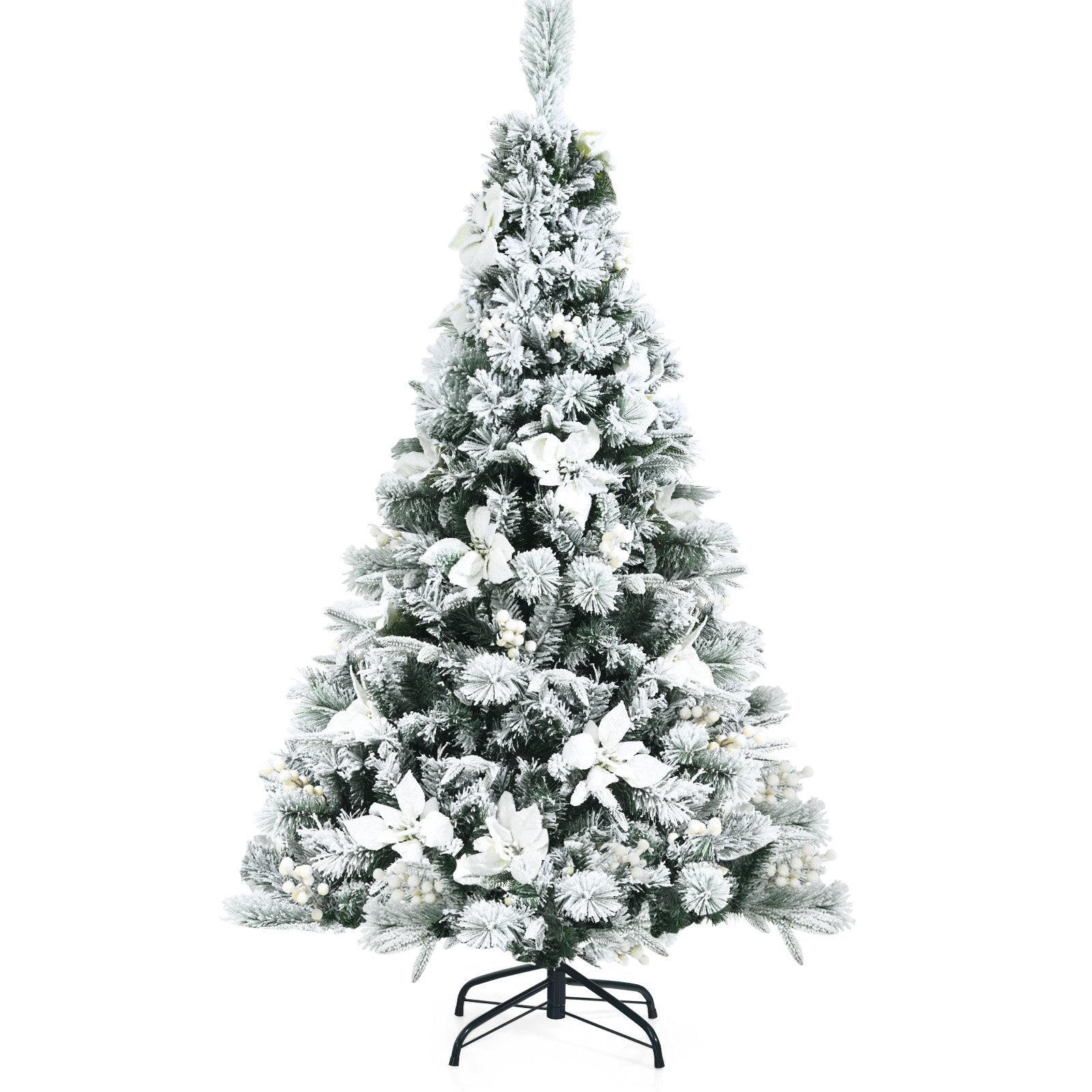 Snow Flocked Hinged Christmas Tree with Berries and Poinsettia Flowers-Boyel Living