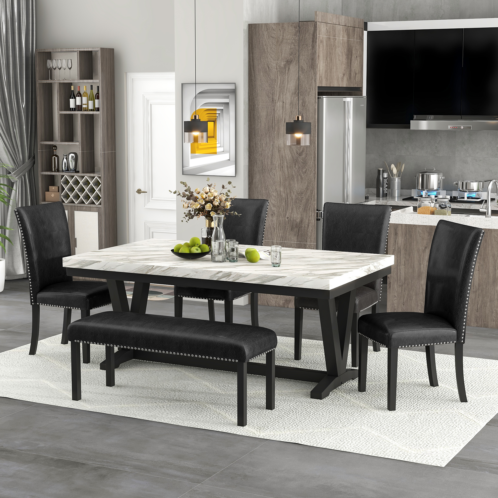 6-piece Dining Table Set with 1 Faux Marble Top Table,4 Upholstered Seats and 1 Bench,Table: 72in.Lx42in.Wx30in.H, Chair: 19.75in.Lx21.25in.Wx38.25in.H, Bench:46in.Lx16in.Wx20in.H.