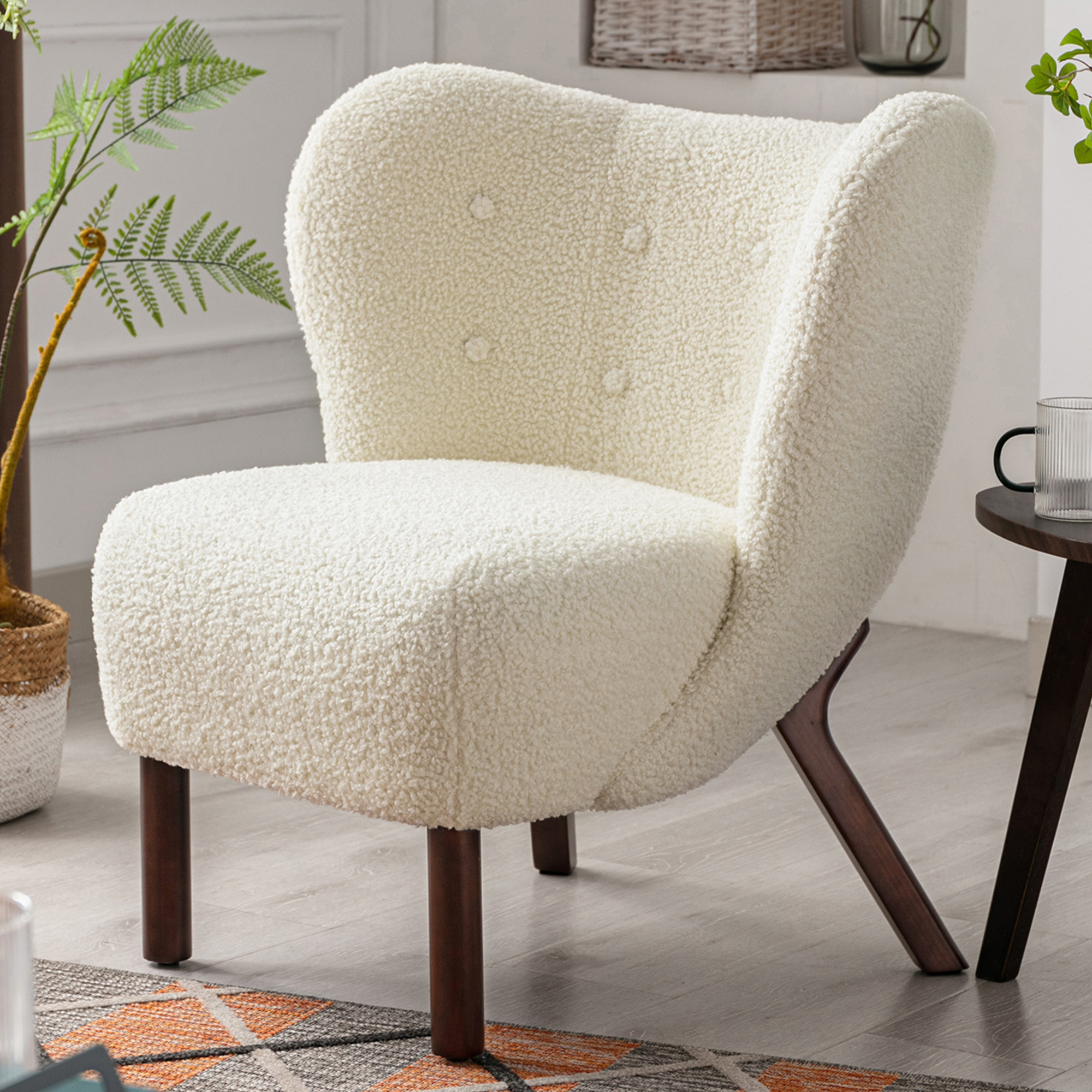 Modern Accent Chair Lambskin Sherpa Wingback Tufted Side Chair with Solid Wood Legs for Living Room Bedroom，Cream-Boyel Living