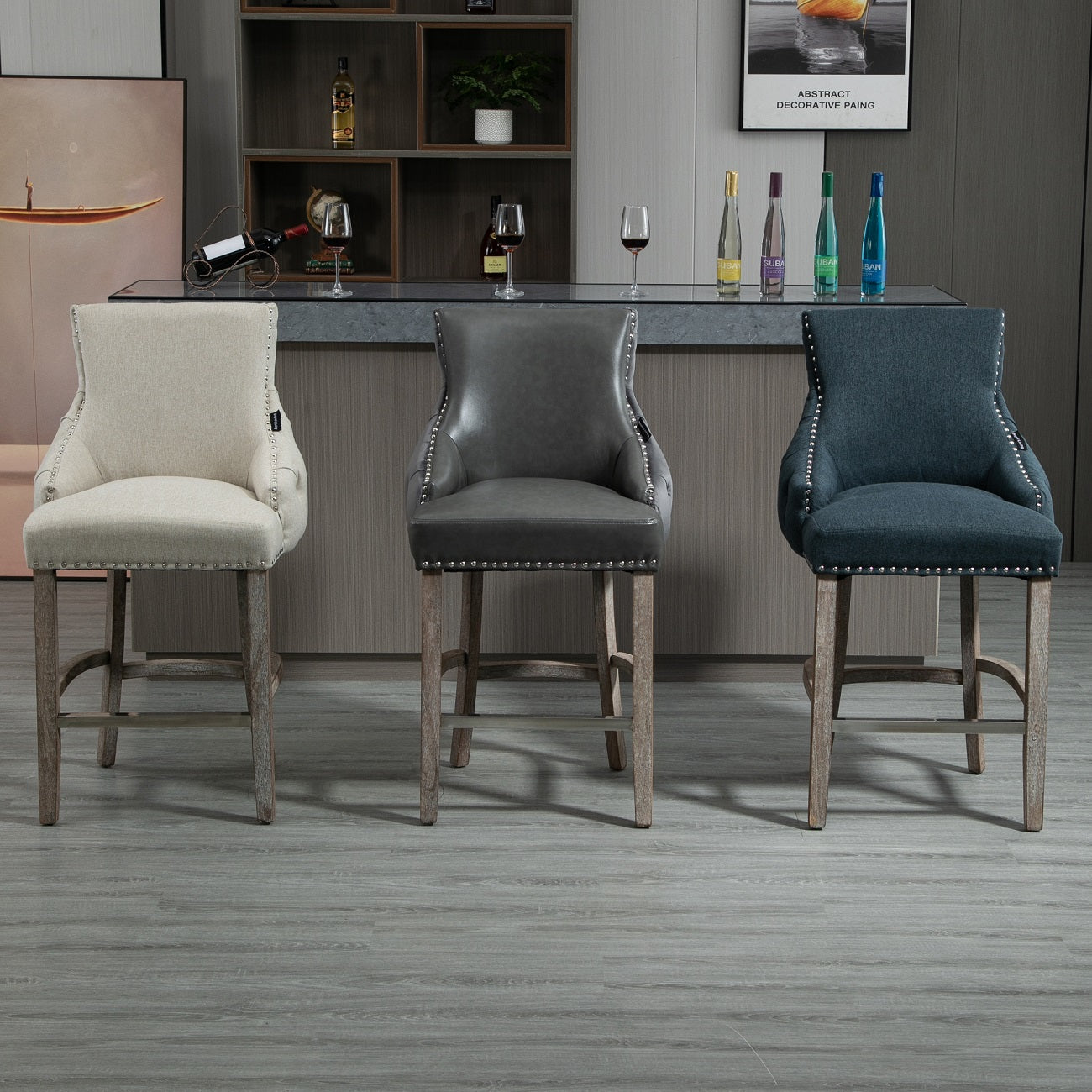 40 in. Gray Velvet+PU Fabric Nailhead Tufted Bar Stool with 4 Solid Wood Legs, Set of 2-Boyel Living