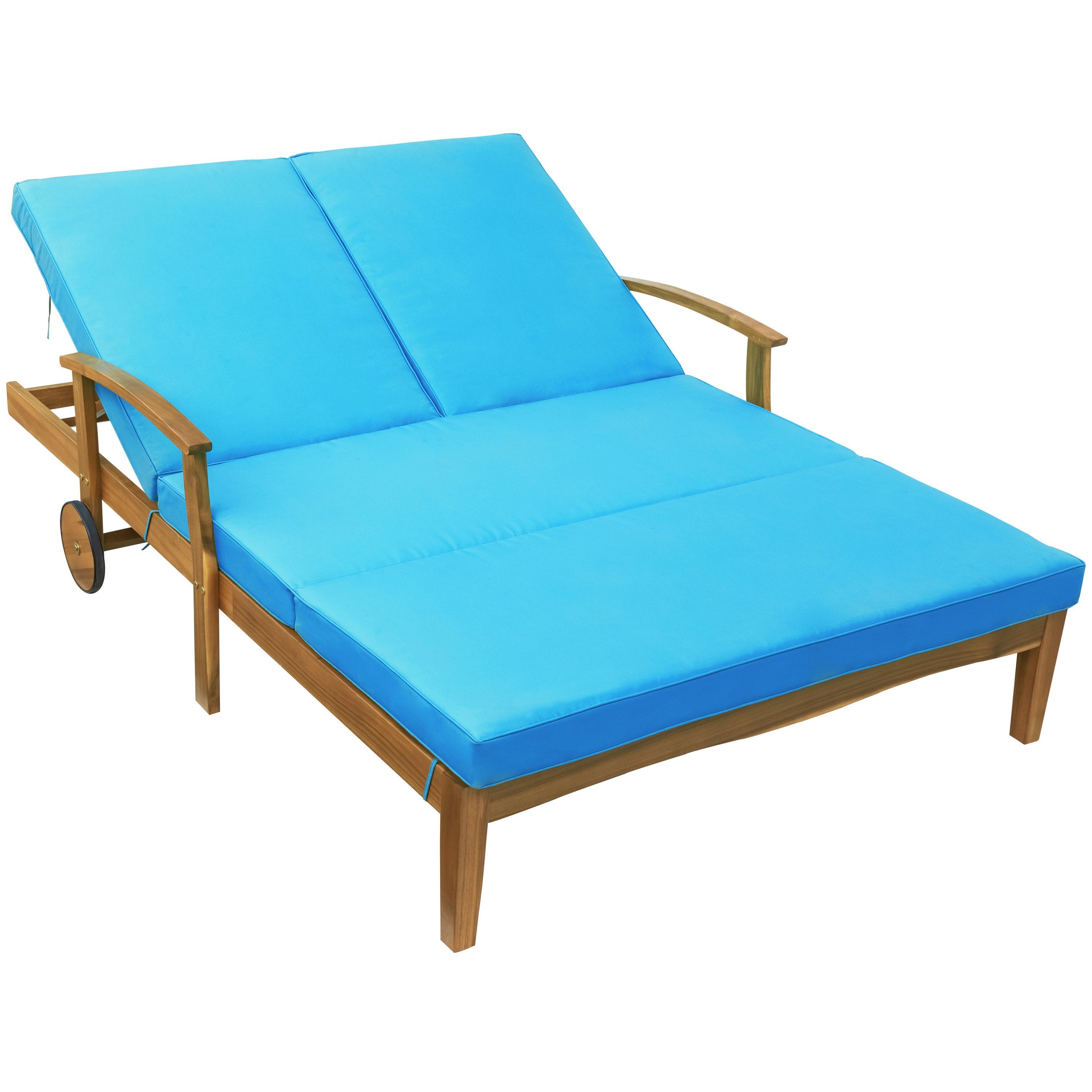 Outdoor Double Chaise Lounge Chair for 2 Persons Patio Backyard Solid Wood Frame Daybed with Cushion and Wheels,Natural Wood Finish+Blue Cushion-Boyel Living