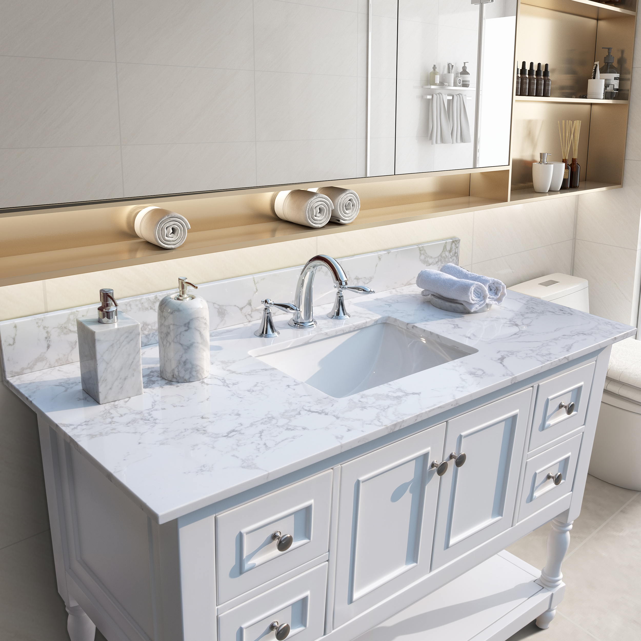 43"x22" Bathroom Stone Vanity Top Engineered Stone Carrara White Aarble Color with Rectangle Undermount Ceramic Sink and 3 Faucet Hole with Back Splash-Boyel Living