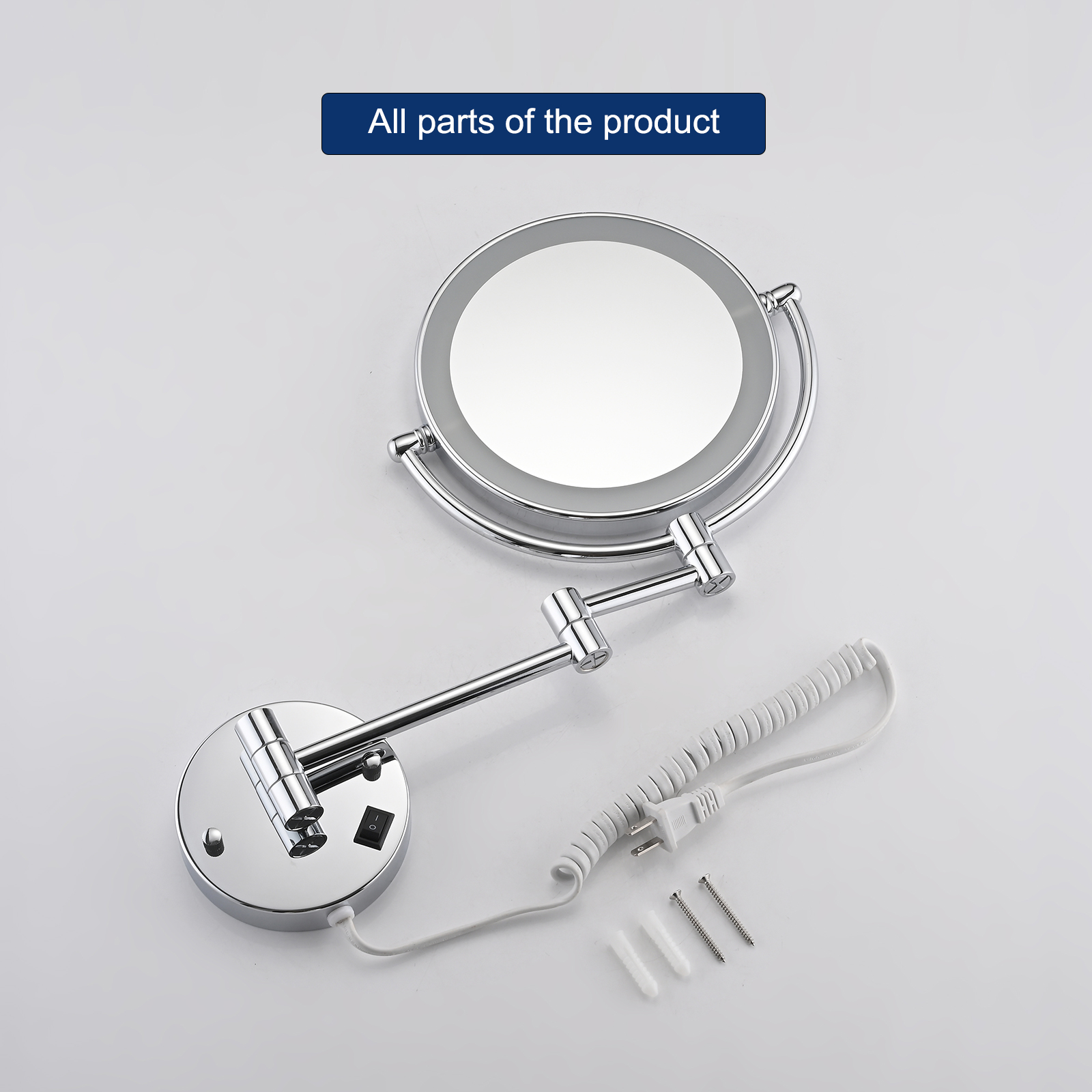  8 Inch Led Wall Mount Two-Sided Magnifying Makeup Vanity Mirror 12 Inch Extension Matte Black 1X/3X Magnification Plug 360 Degree Rotation Waterproof Button Shaving Mirror