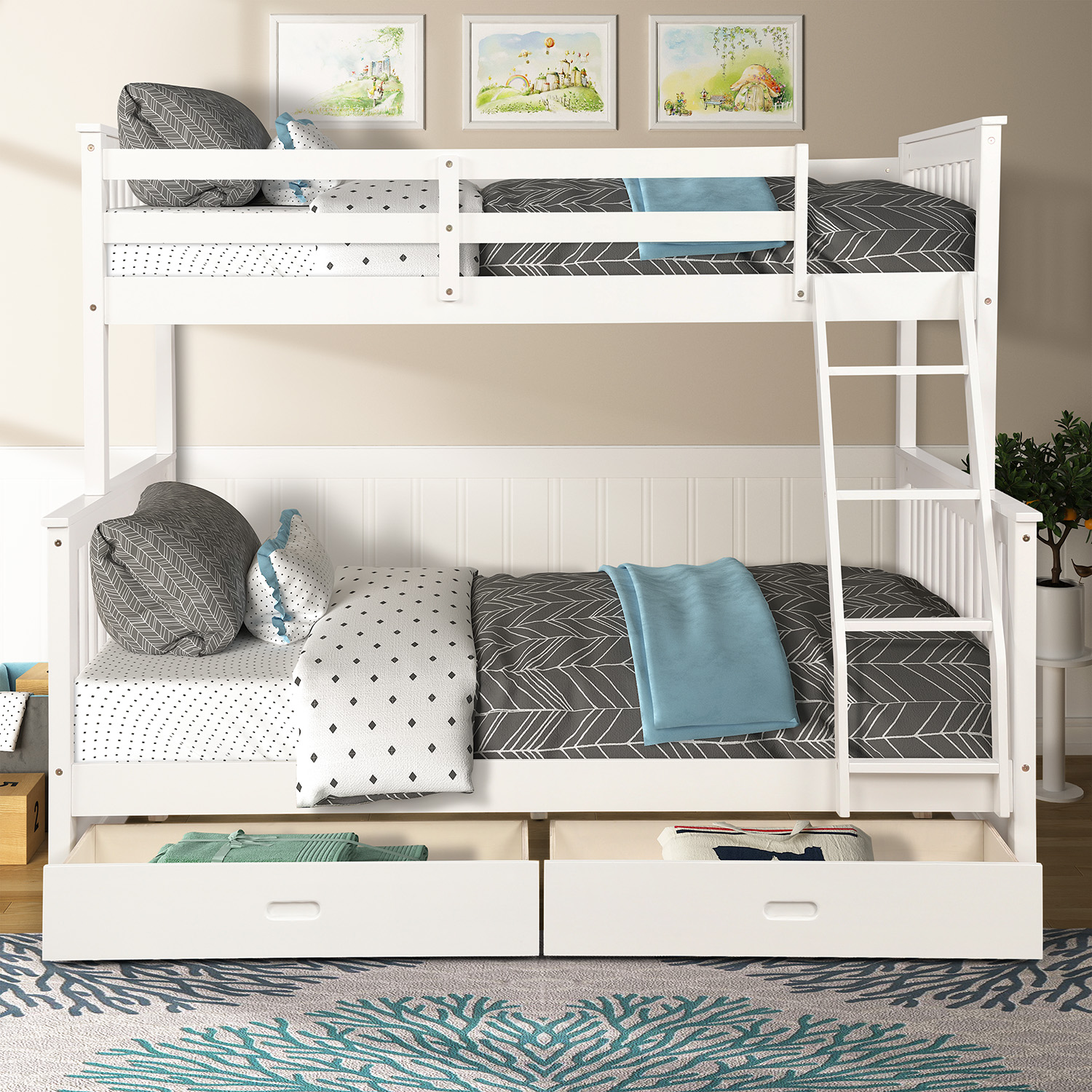 Twin-Over-Full Bunk Bed with Ladders and Two Storage Drawers (White) ( old sku: LP000065KAA
 )-Boyel Living