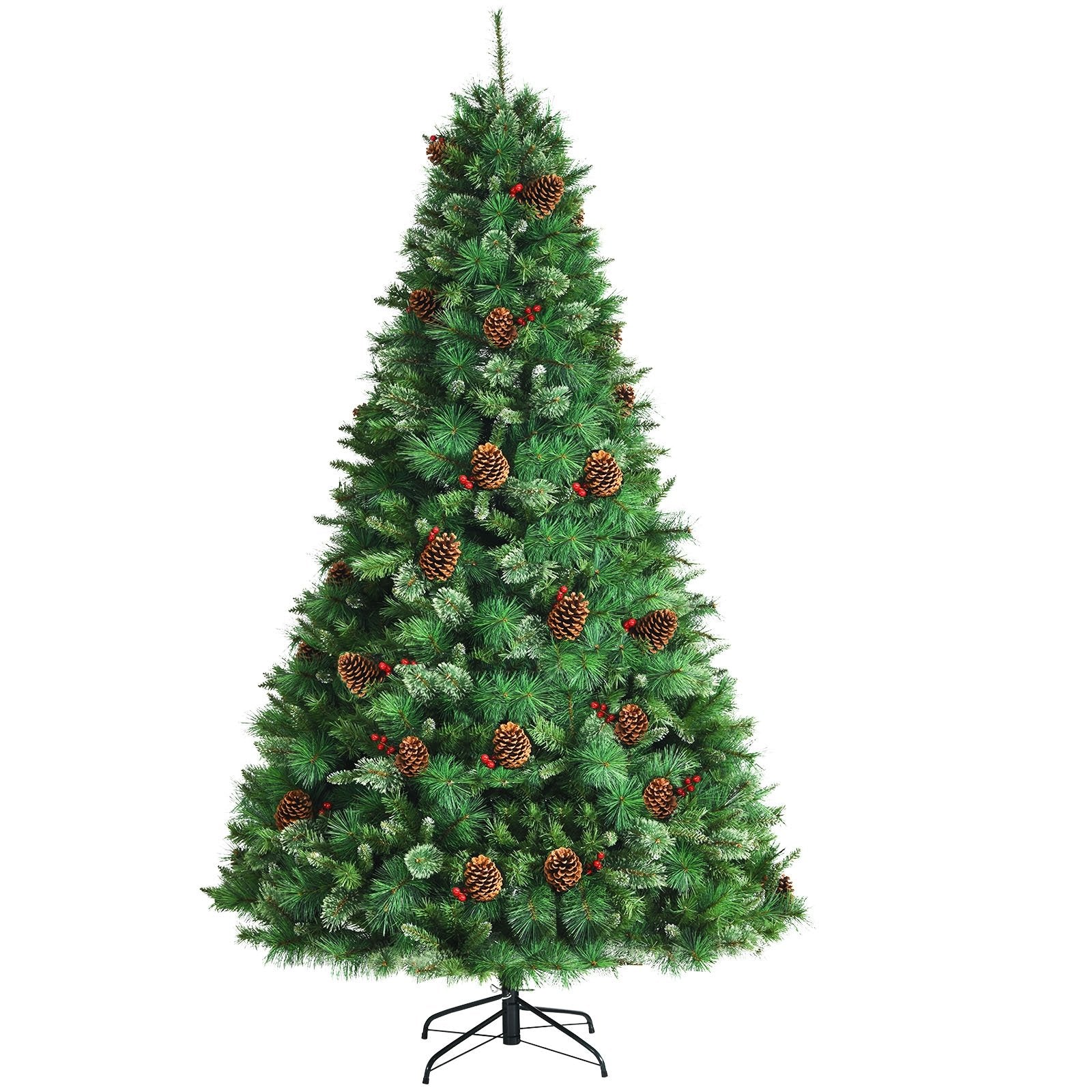 8 Feet Unlit Hinged PVC Artificial Christmas Pine Tree with Red Berries-Boyel Living