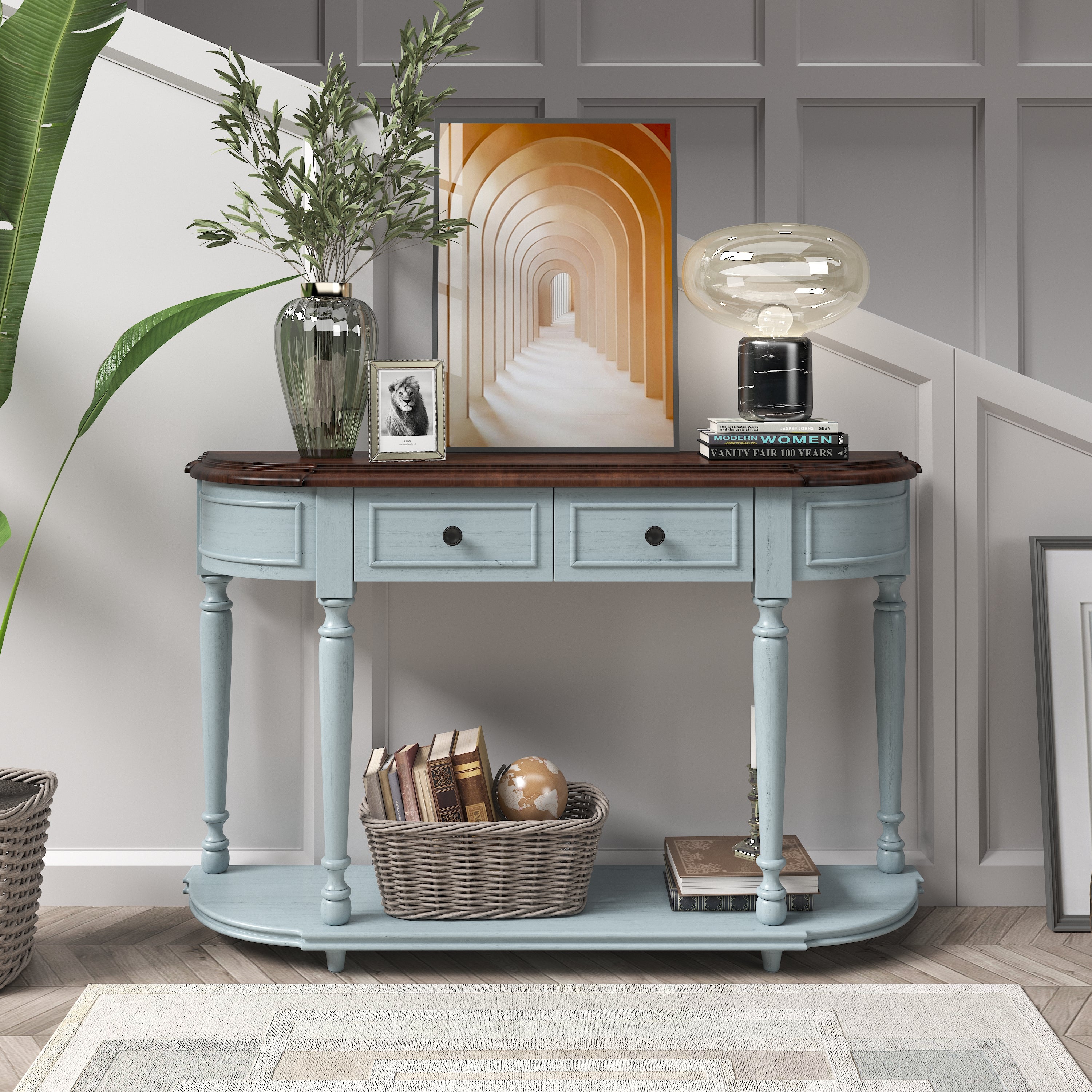 Retro Circular Curved Design Console Table with Open Style Shelf Solid Wooden Frame and Legs Two Top Drawers-Boyel Living