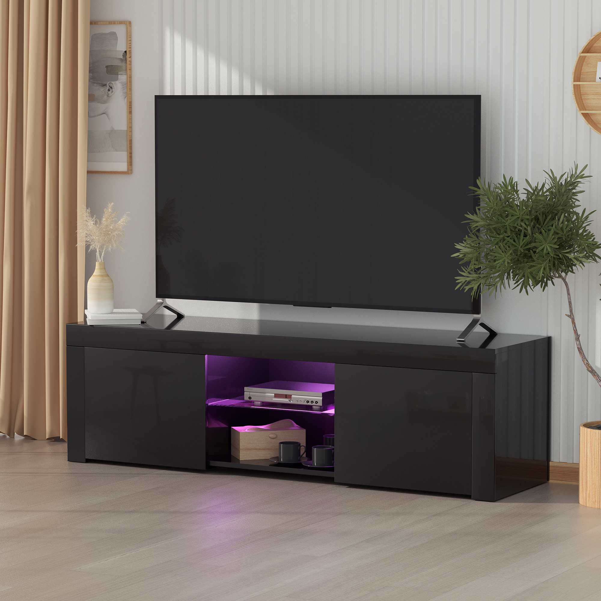 Black morden TV Stand with LED Lights,high glossy front TV Cabinet,can be assembled in Lounge Room, Living Room or Bedroom,color:BLACK-Boyel Living