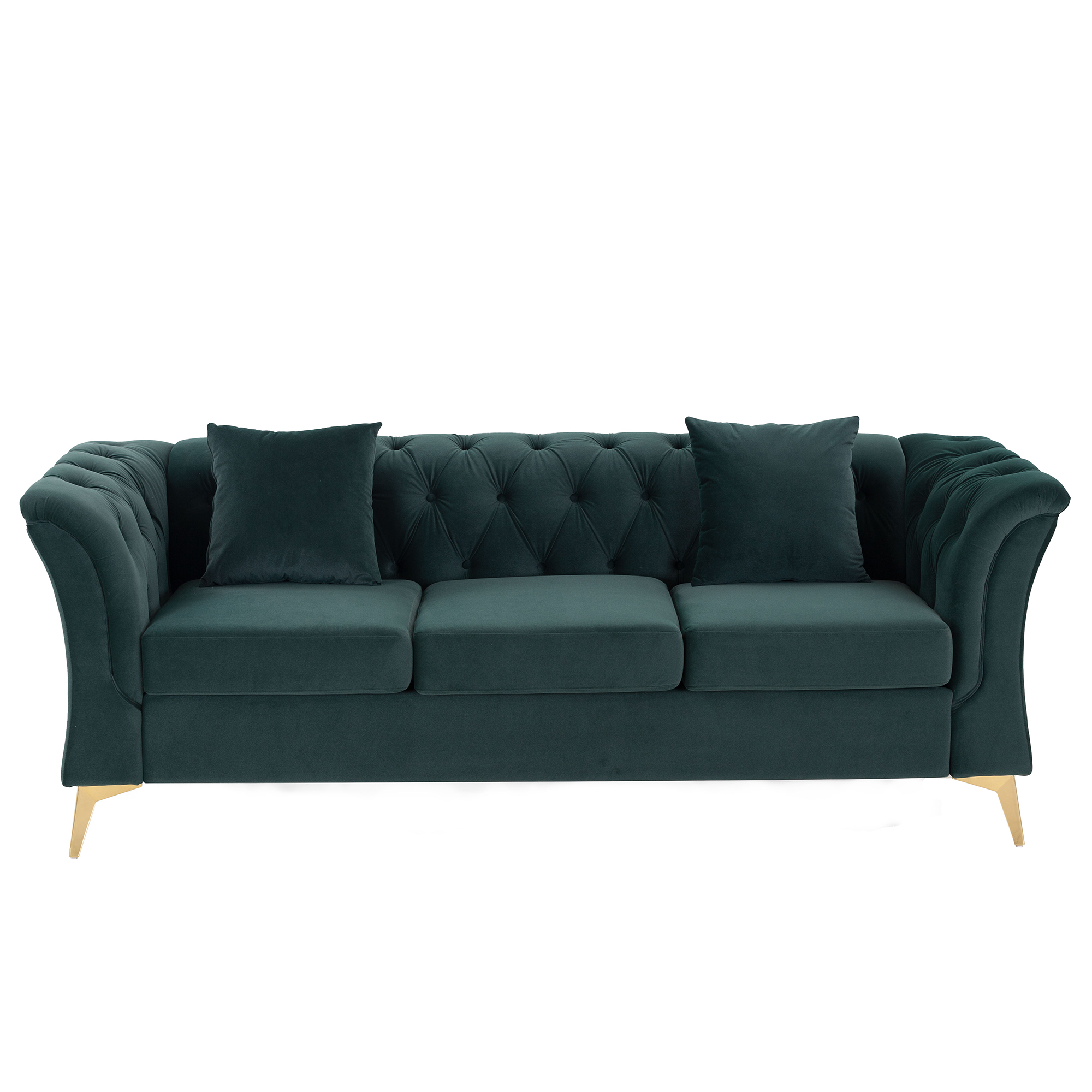 Modern Chesterfield Curved Sofa Tufted Velvet Couch 3 Seat Button Tufed Loveseat with Scroll Arms and Gold Metal Legs for Living Room Bedroom Green