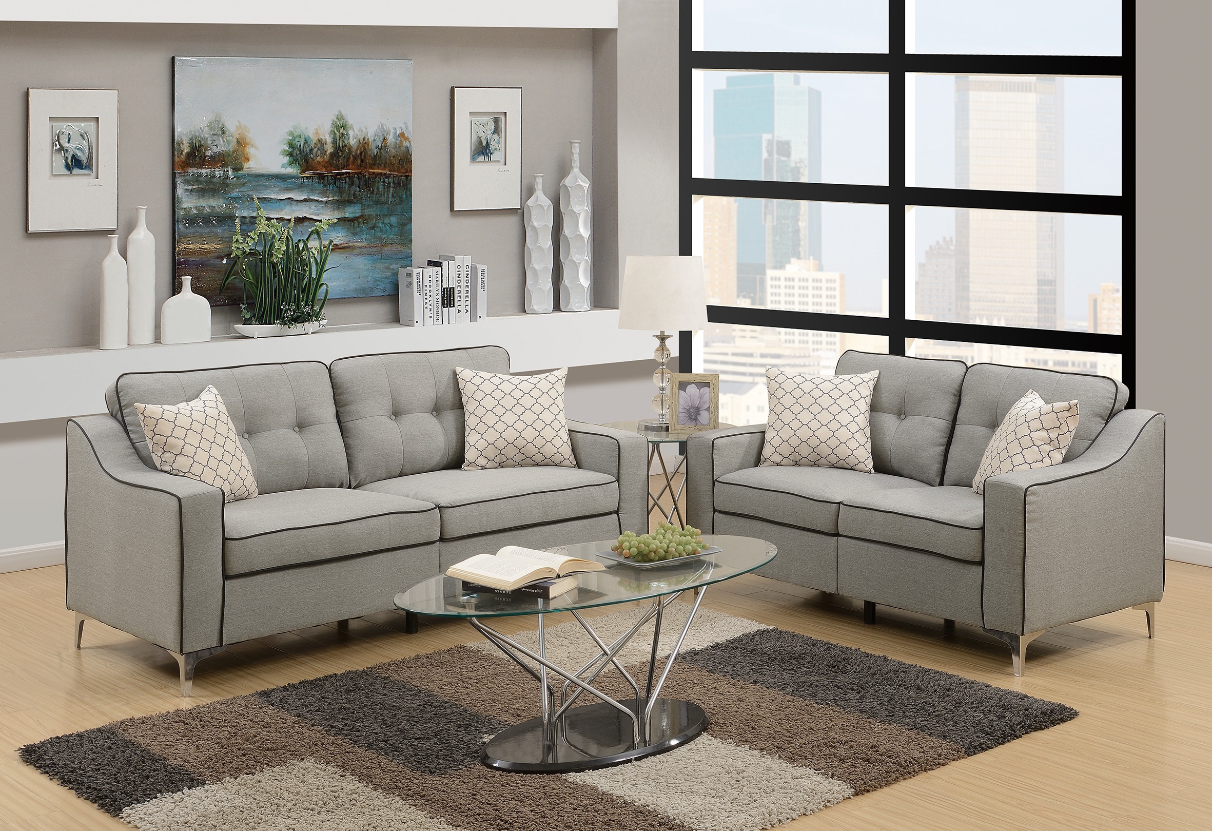 Living Room Gray Glossy Polyfber Sofa And Loveseat Furniture Plywood Metal Legs Couch Pillows 2pc Sofa set-Boyel Living