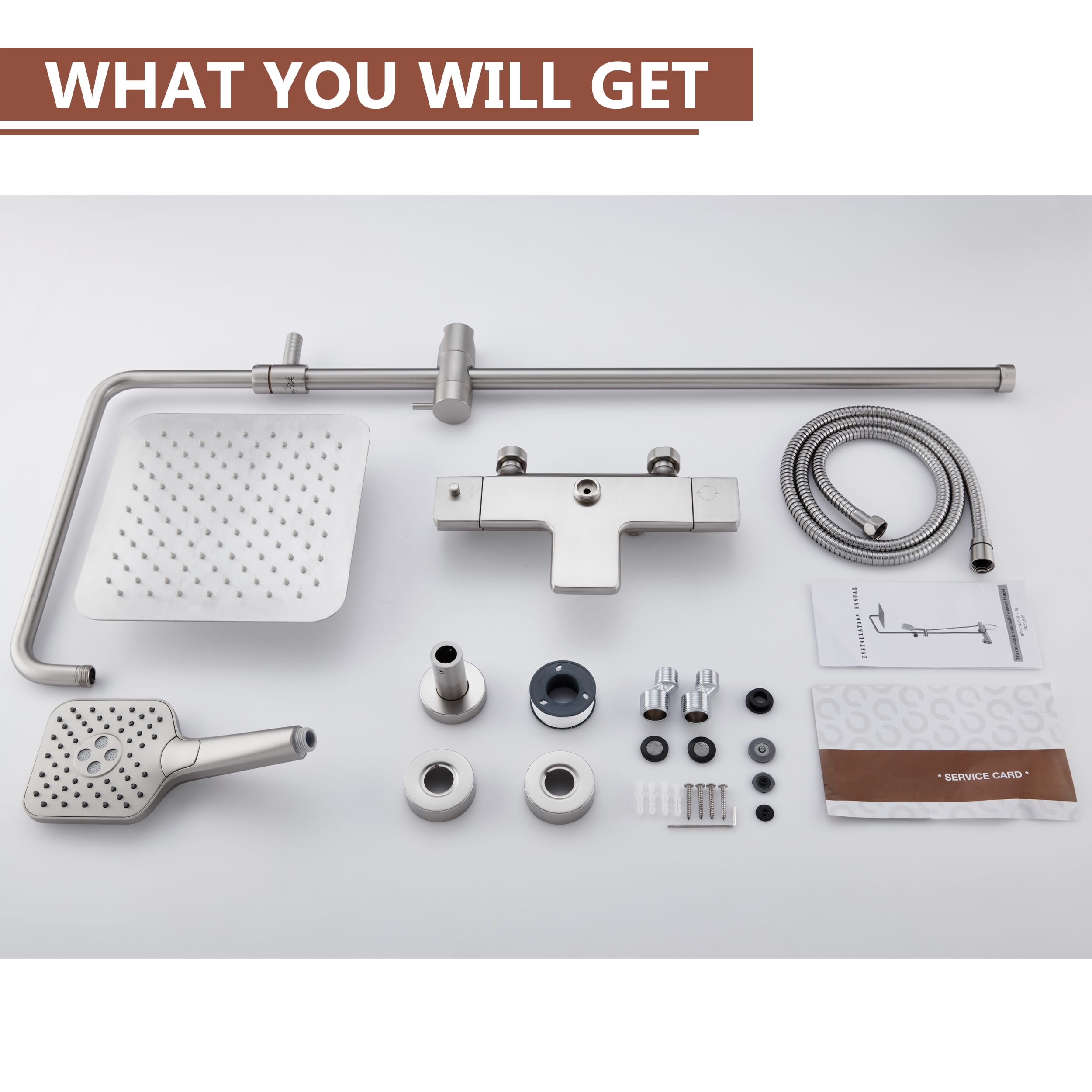 10 in. Wall Mount Thermostatic Rain Shower System with Handheld Shower and Tub Spout in Brushed Nickel-Boyel Living