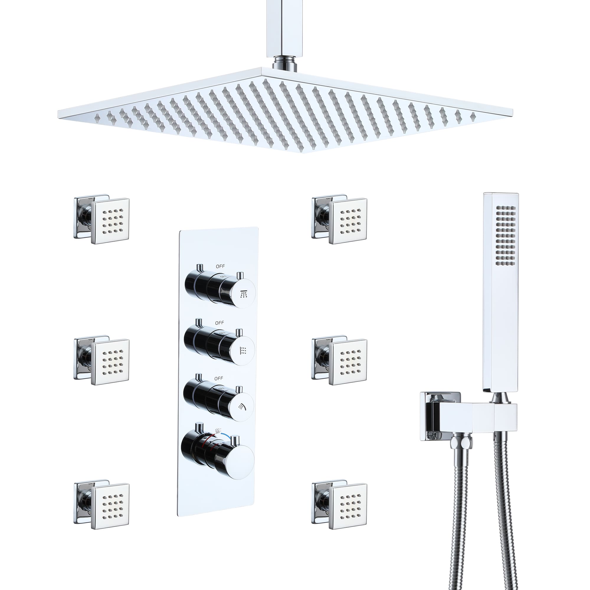 Boyel Living Luxury 6 Jets Thermostatic Shower System Combo Set with Ceiling Rainfall Shower Head and Handshower-Boyel Living