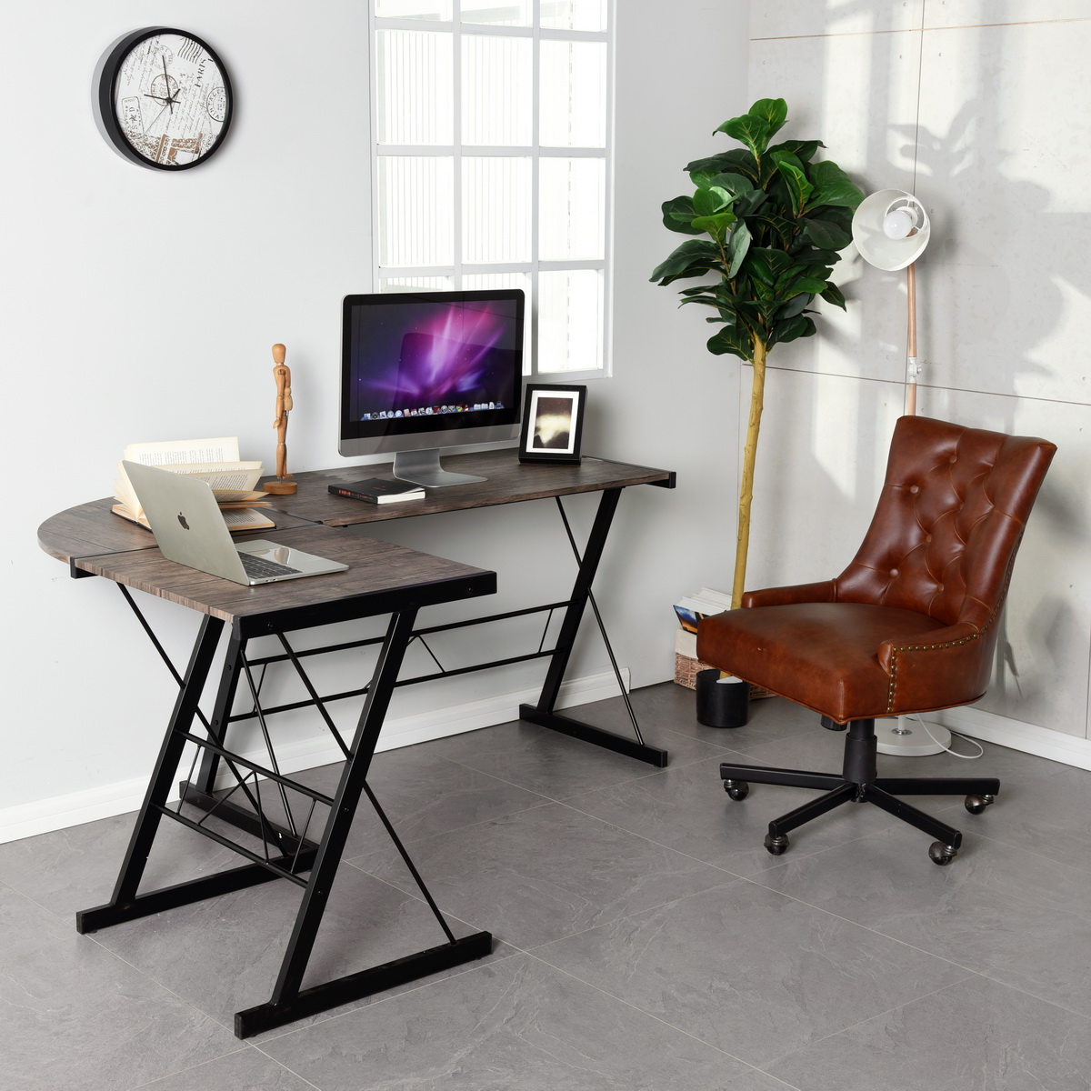 L-Shaped Desk Modern Compute Corner Desk Home Office Gaming Desk, Reversible Metal Frame Writing Workstation with Large Desktop, Space-Saving PC Table, Rustic-Boyel Living