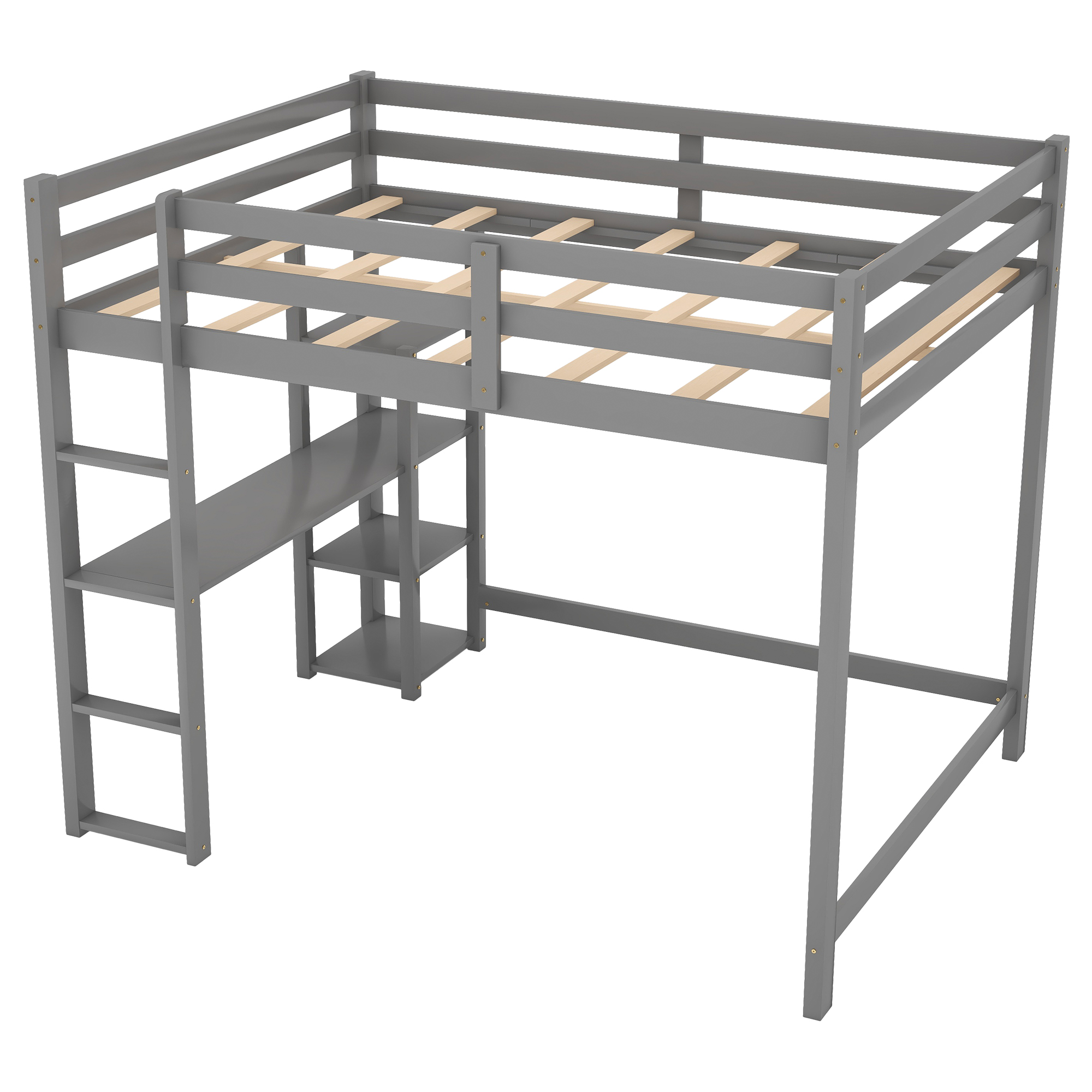 Full Size Loft Bed with Built-in Desk and Shelves,White/Gray