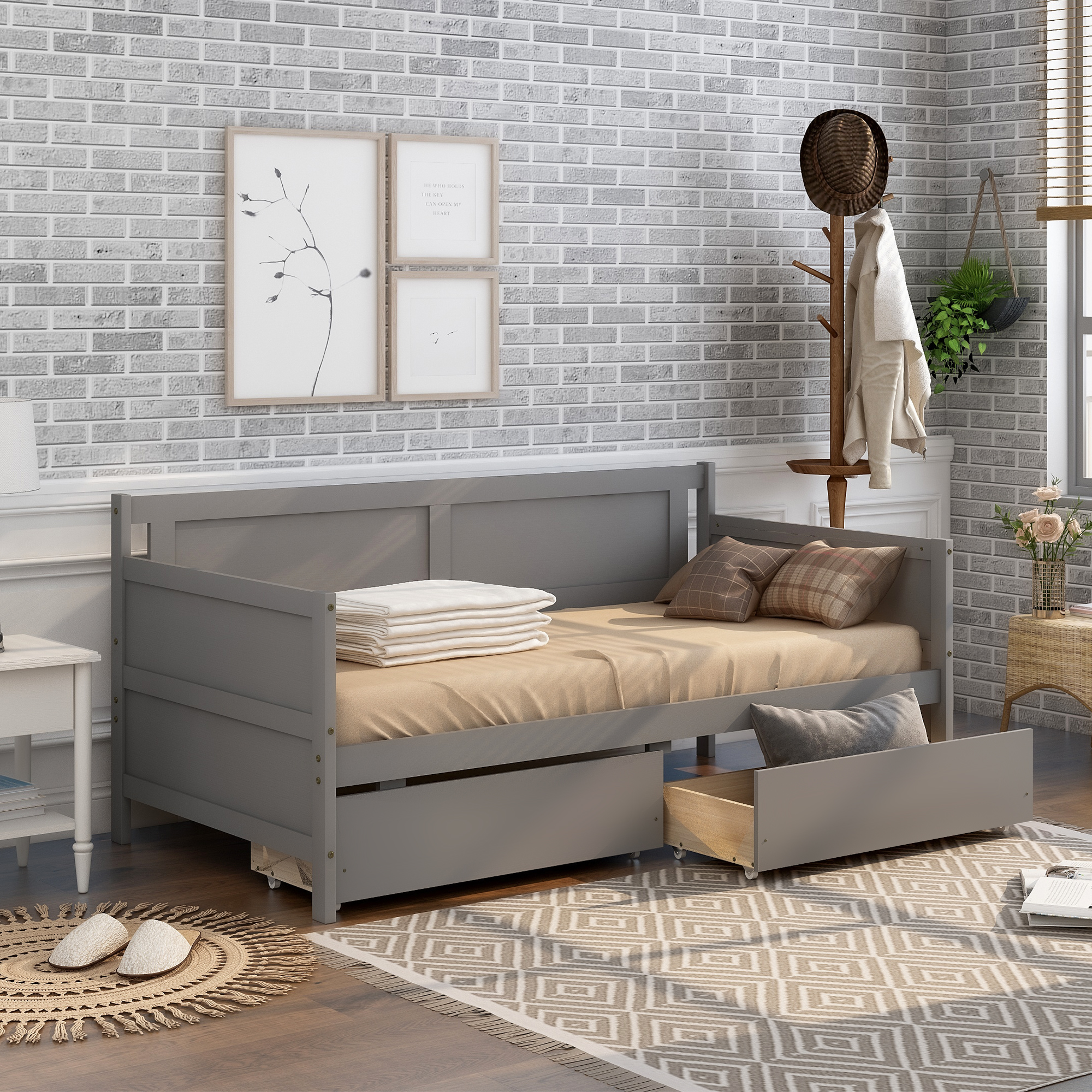 Daybed with two drawers, Twin size Sofa Bed,Storage Drawers for Bedroom,Living Room ,Grey-Boyel Living