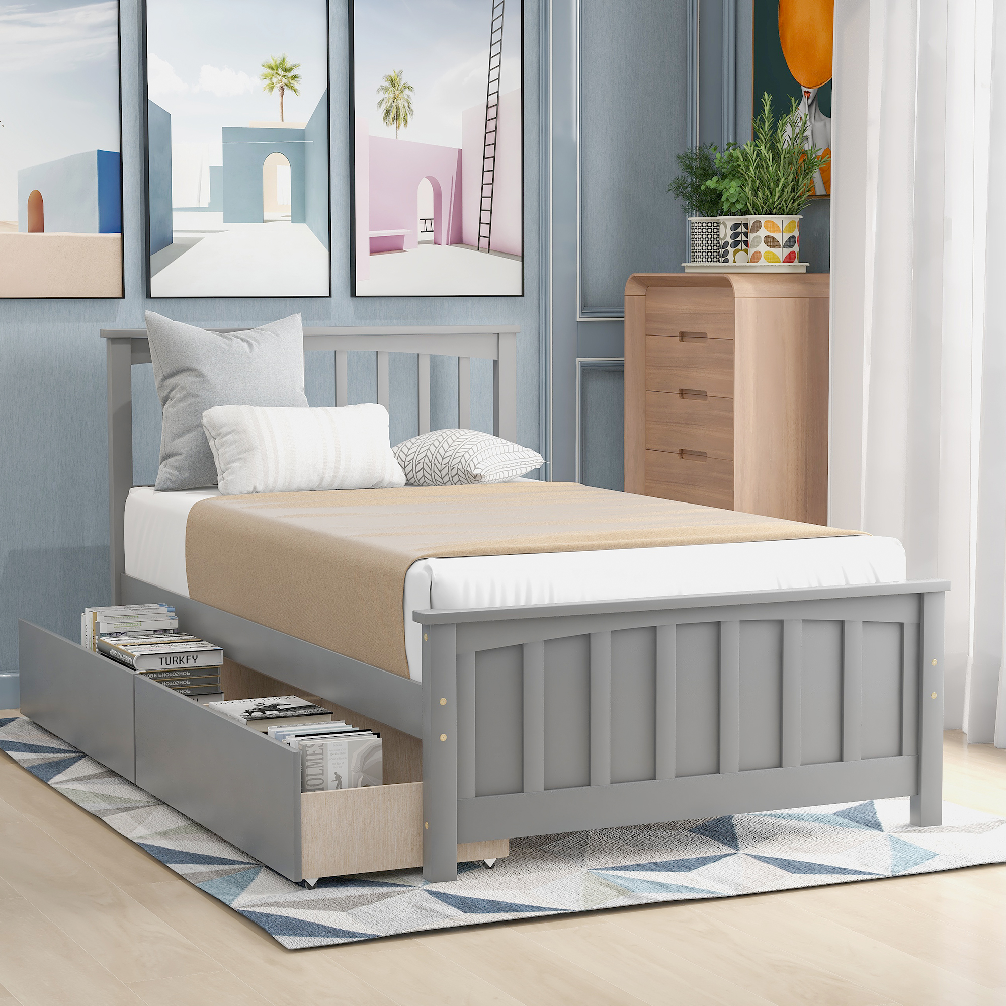 Twin size Platform Bed with Two Drawers, Gray-Boyel Living