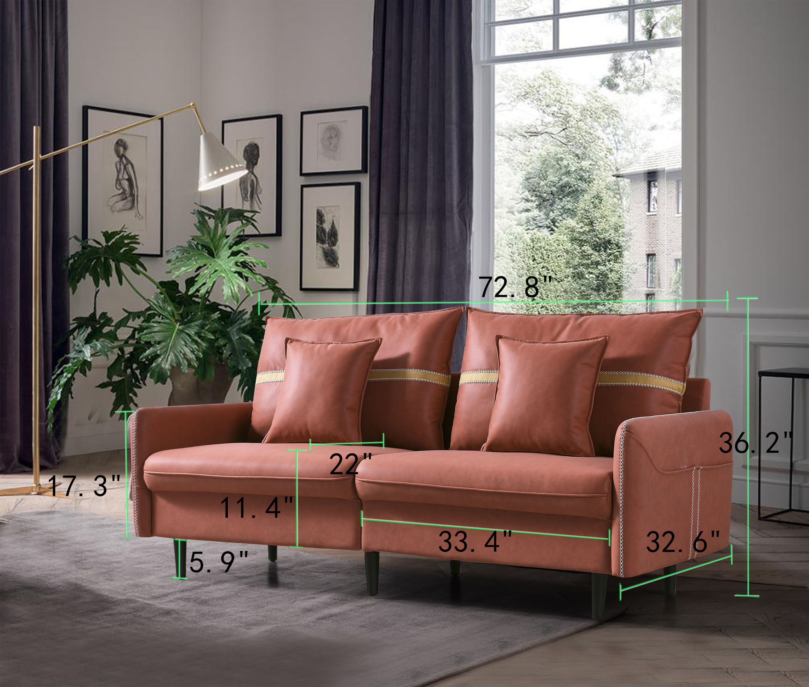 3-Seat Sofa Couch, Mid-Century  Tufted Love Seat for Living Room, Bedroom, Office, Apartment, Dorm, Studio and Small Space, 2Pillows Included(Orange)-Boyel Living
