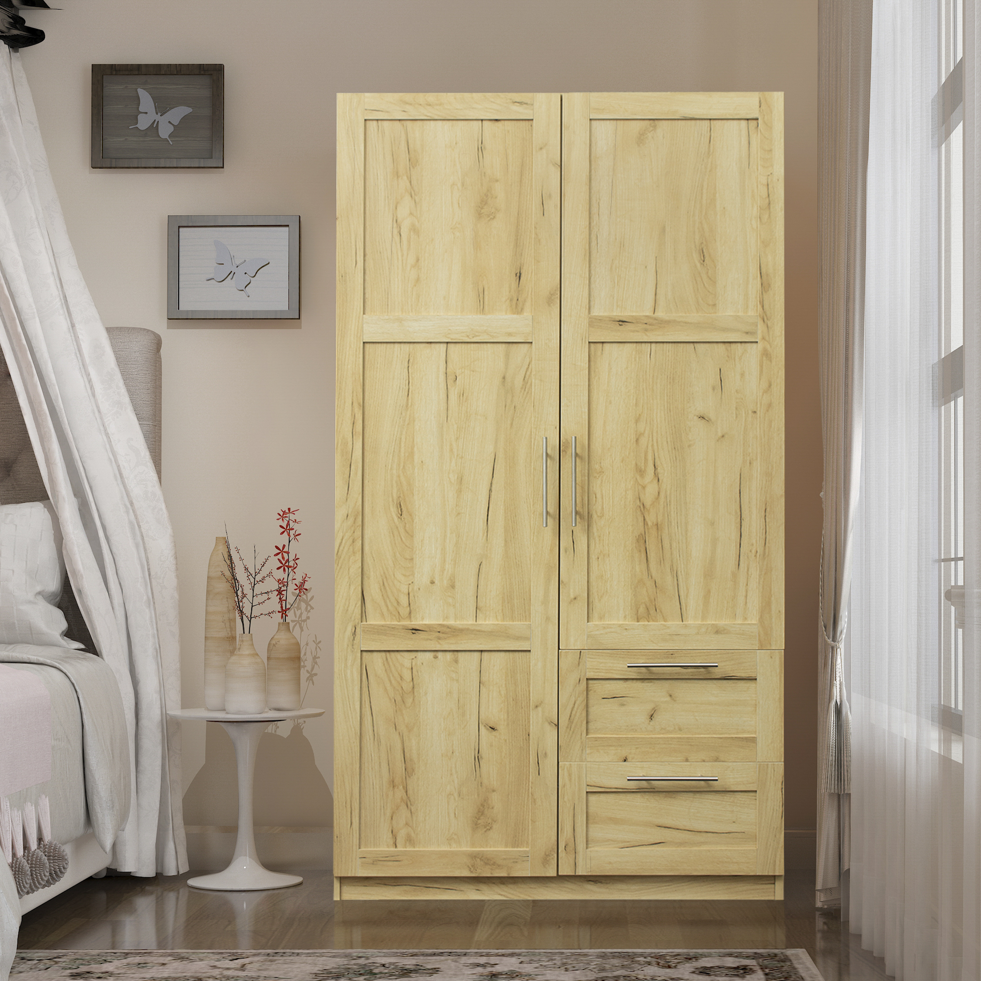 High wardrobe and kitchen cabinet with 2 doors, 2 drawers and 5 storage spaces,Oak-Boyel Living
